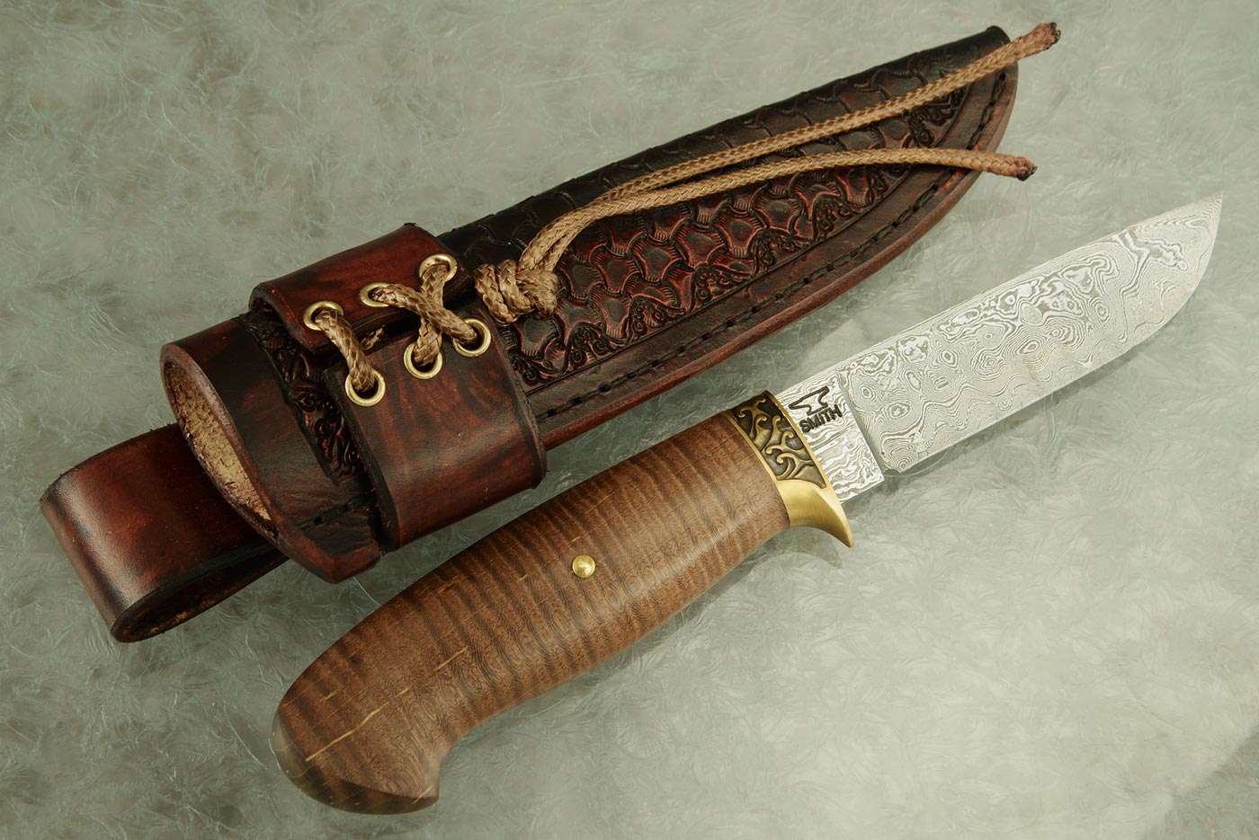 Engraved Damascus Drop Point Hunter (Model LR) with Curly Maple