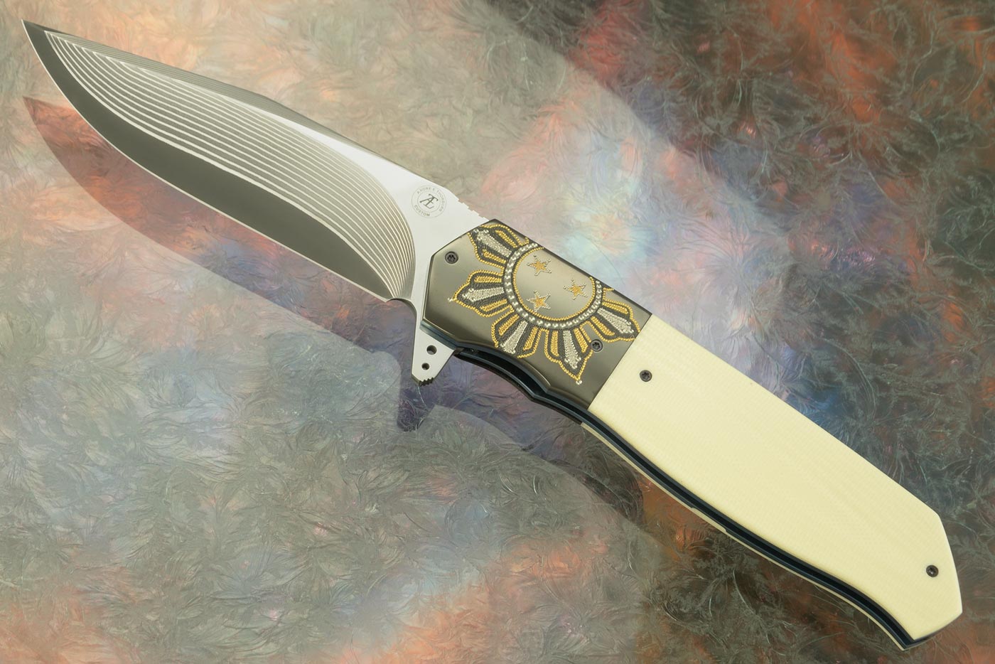 L36M Flipper with Ivory Micarta, Zirconium, and SG2 San Mai Damascus (Ceramic IKBS)