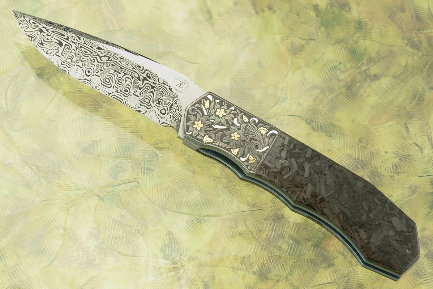 L44M Front Flipper with Damascus, Shred Carbon Fiber, and Engraved Zirconium with Gold and Silver Inlay (Ceramic IKBS)