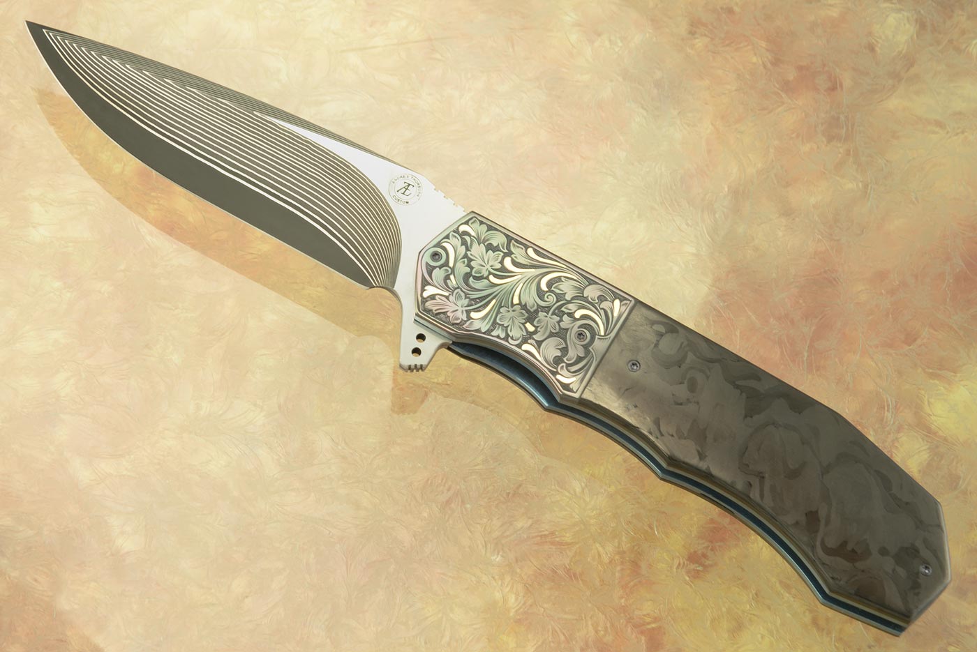 L44 Flipper with Shred Carbon Fiber, Engraved Zirconium, and SG2 San Mai Damascus (Ceramic IKBS)