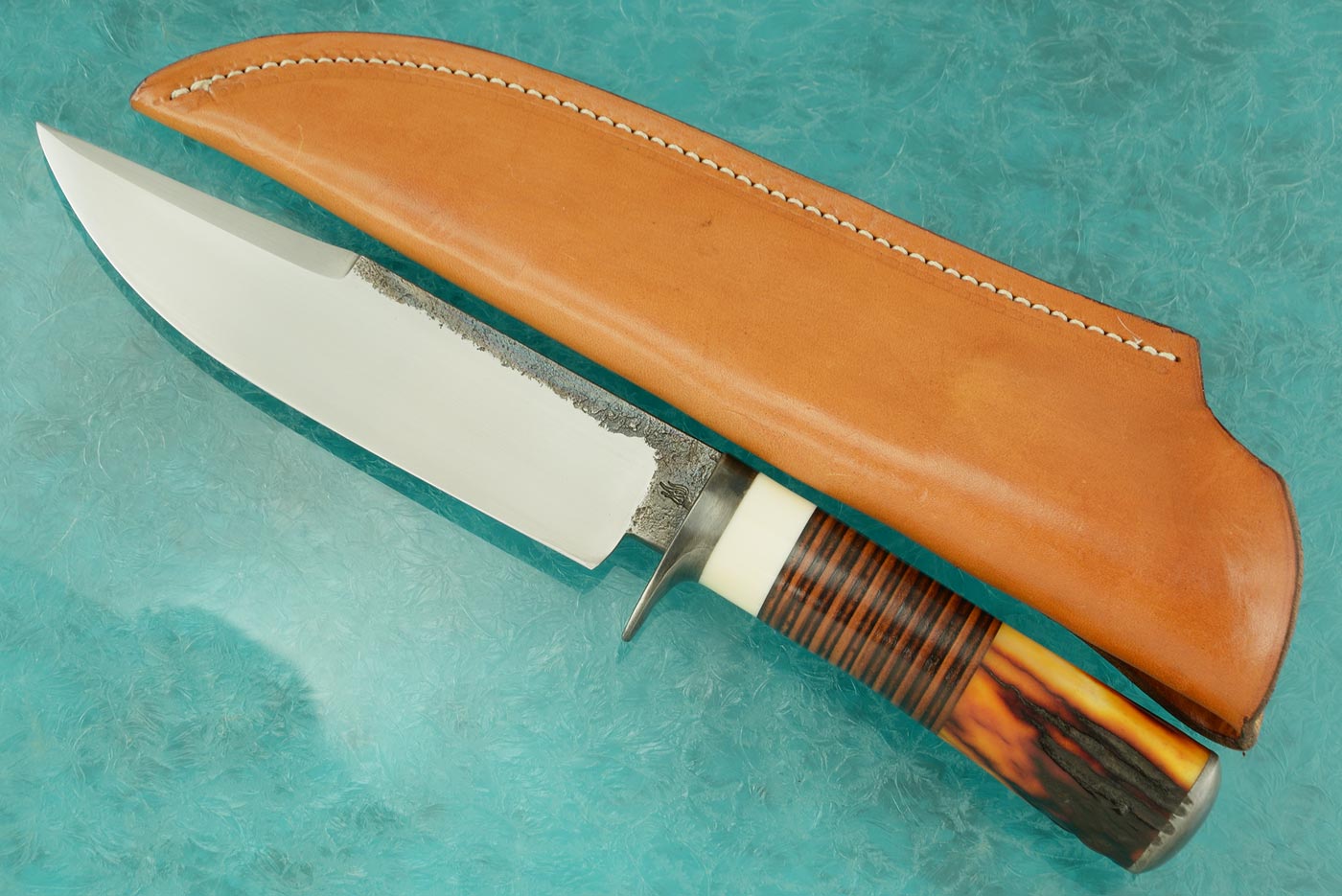 Clip Point Bowie with Stag, Walrus Ivory and Stacked Leather