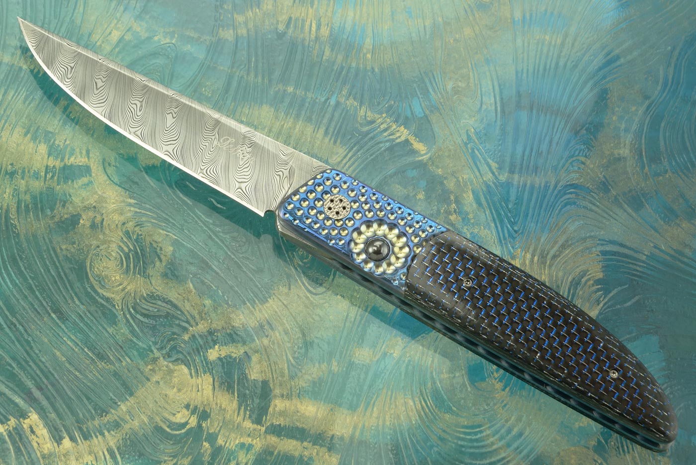 Large Ball Release Front Flipper with Damasteel and Blue/Silver Carbon Fiber