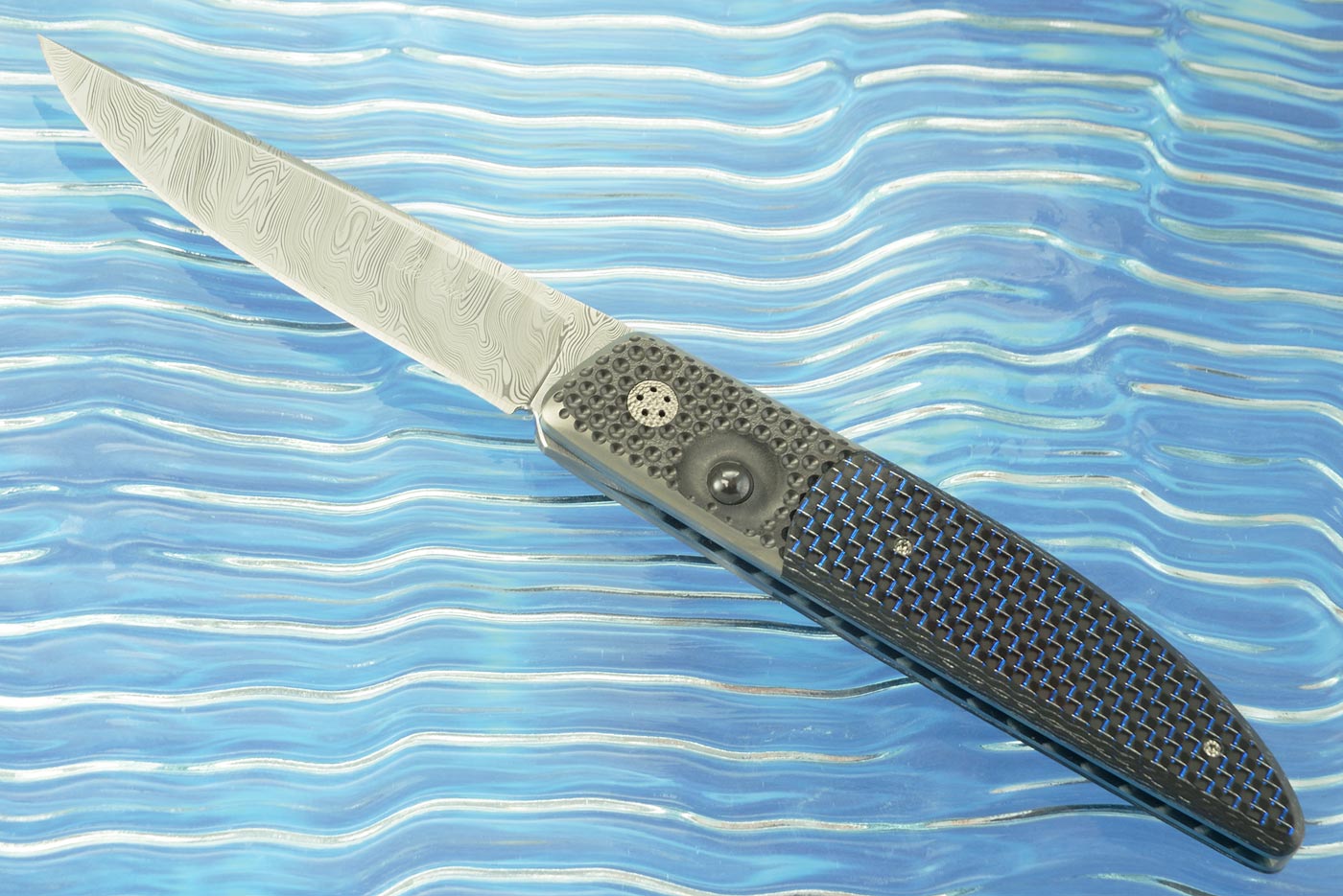 Large Ball Release Front Flipper with Damasteel and Blue/Silver Carbon Fiber
