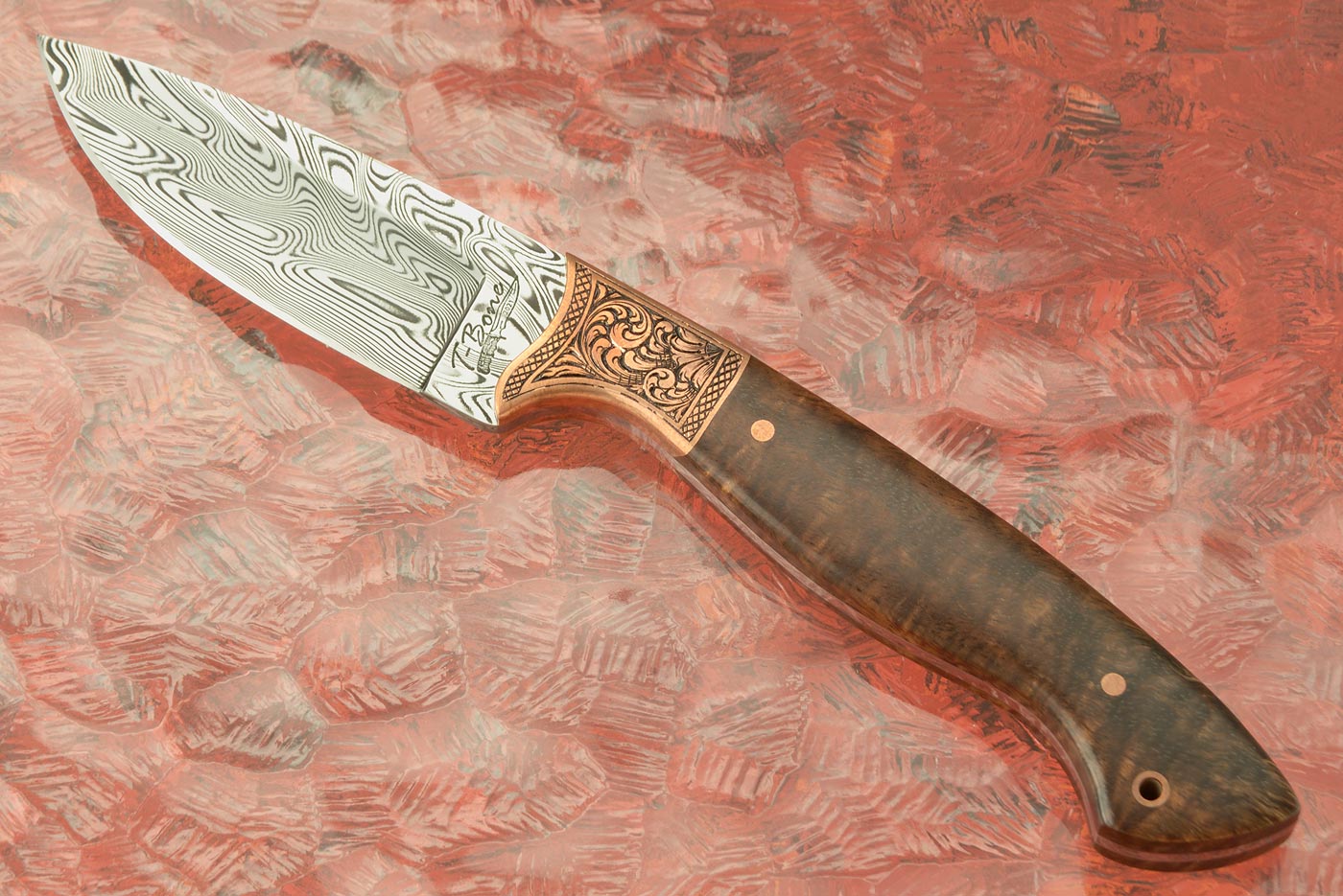 Engraved Hunter with Curly Koa and Damascus