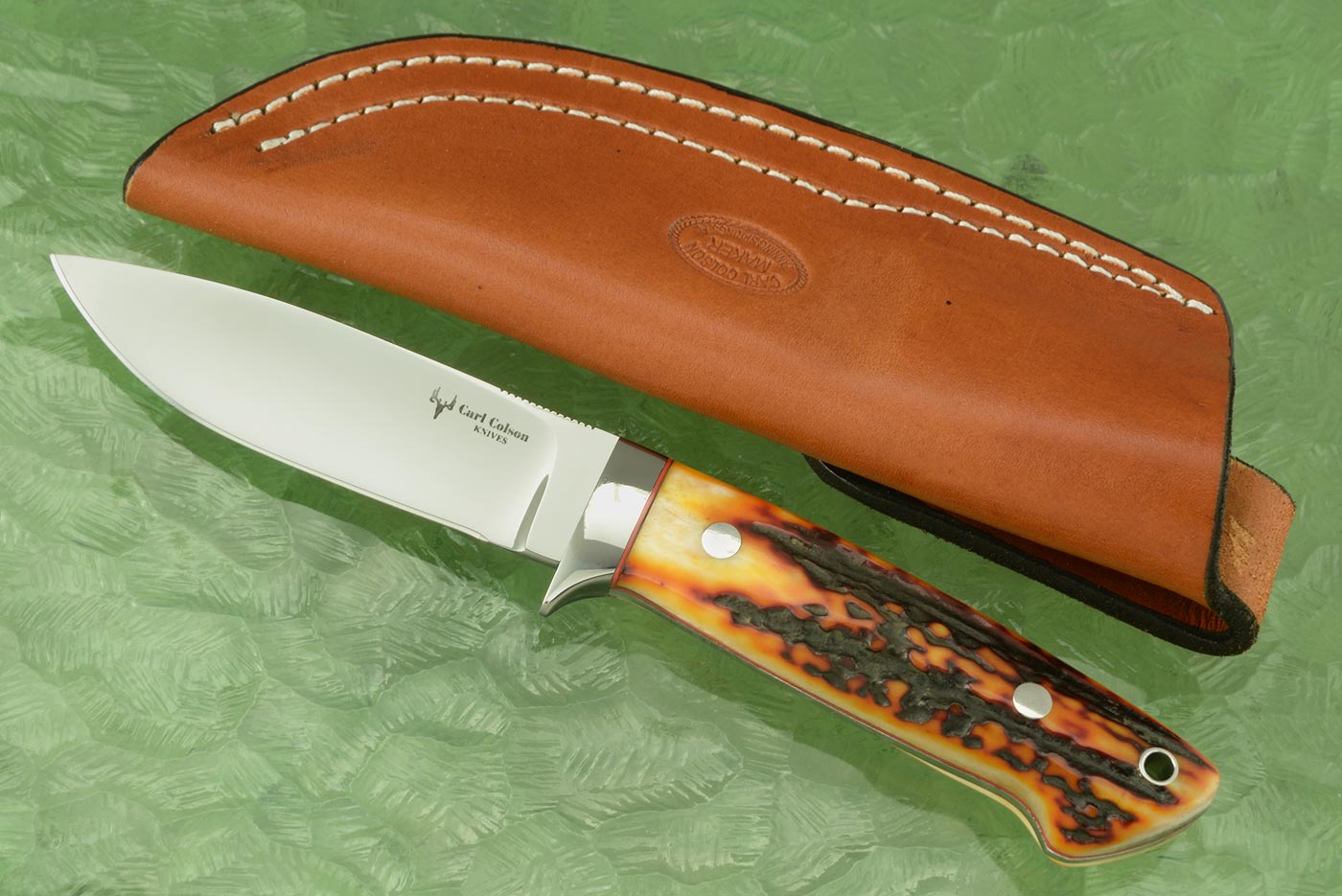 Loveless Style Drop Point Hunter with Amber Stag