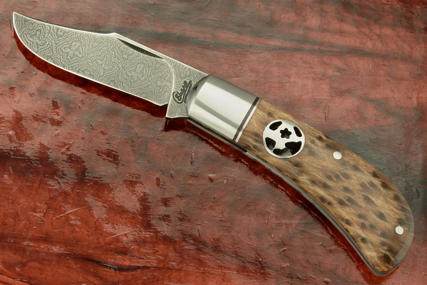 Mosaic Damascus Lanny's Clip Slipjoint with Lace Redwood Burl