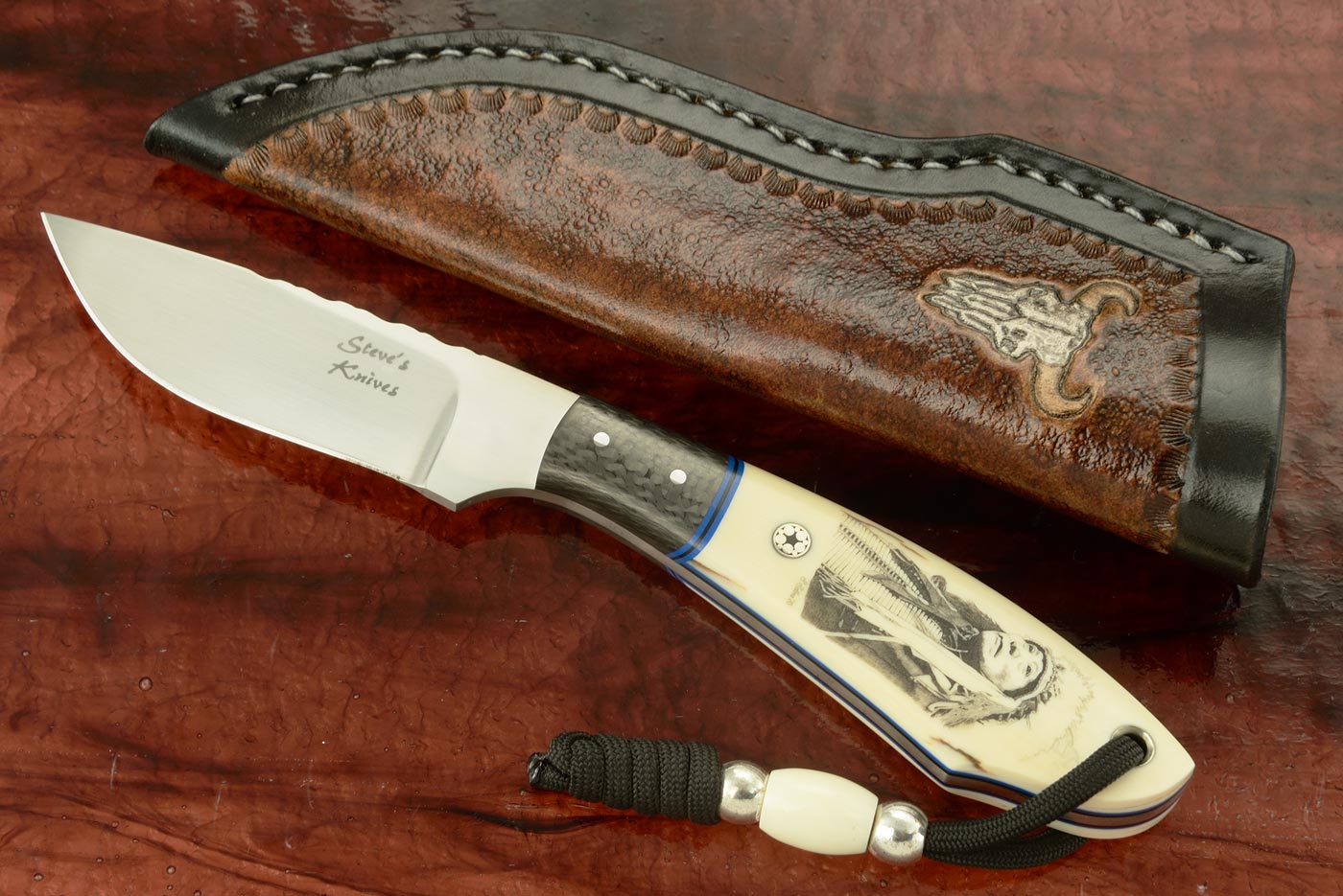 Chief Hollow Horn Bear Scrimshawed Drop Point Hunter with Mammoth Ivory and Carbon Fiber