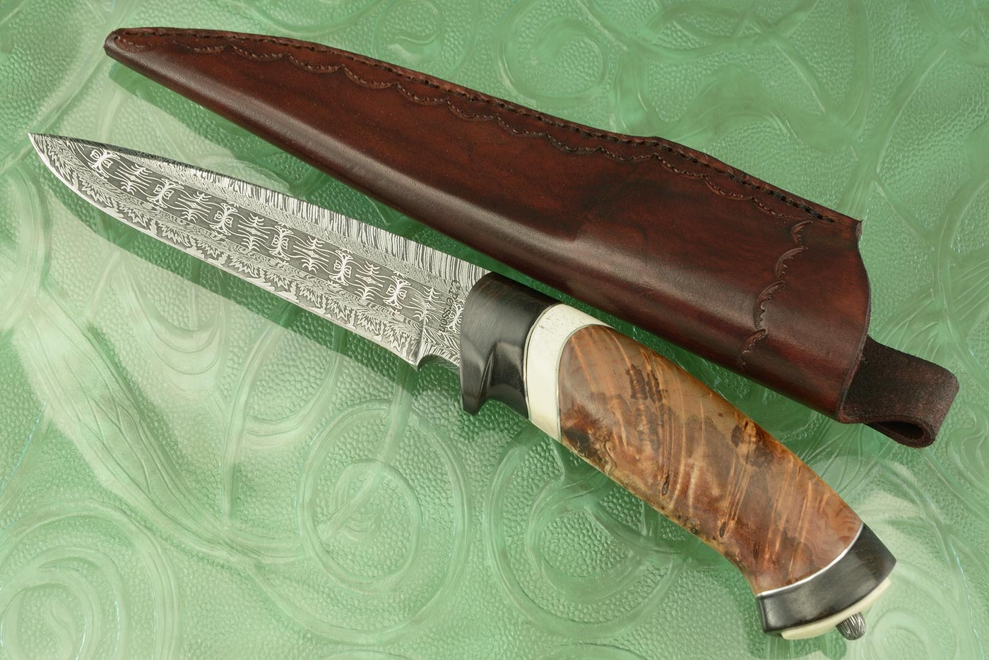 Damascus Swedish Hunter with Willow Root, Ebony, and Reindeer Antler