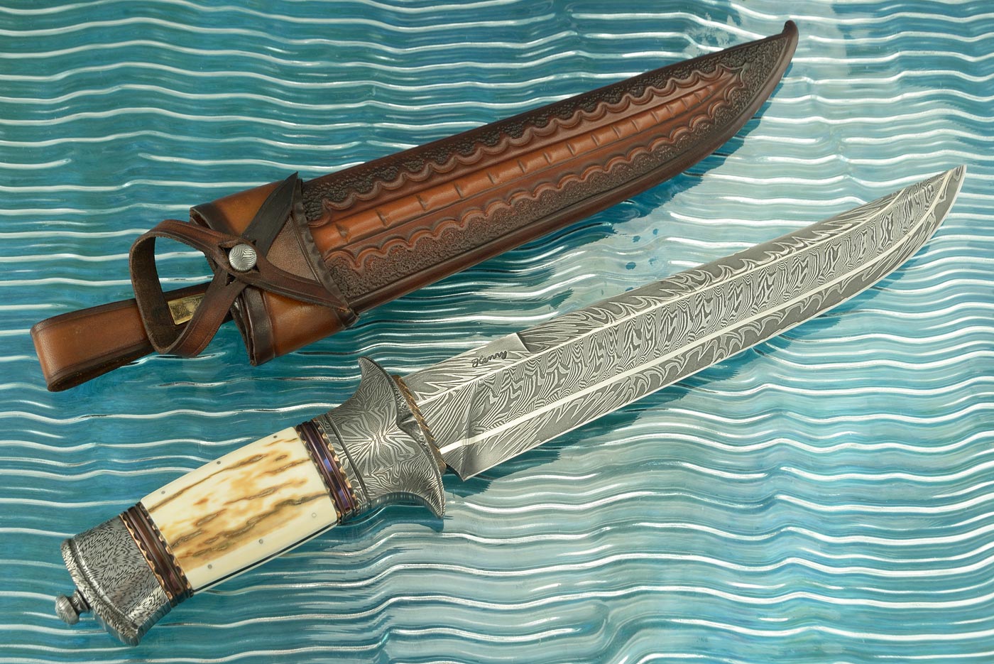 Damascus Swedish Bowie with Mammoth Ivory