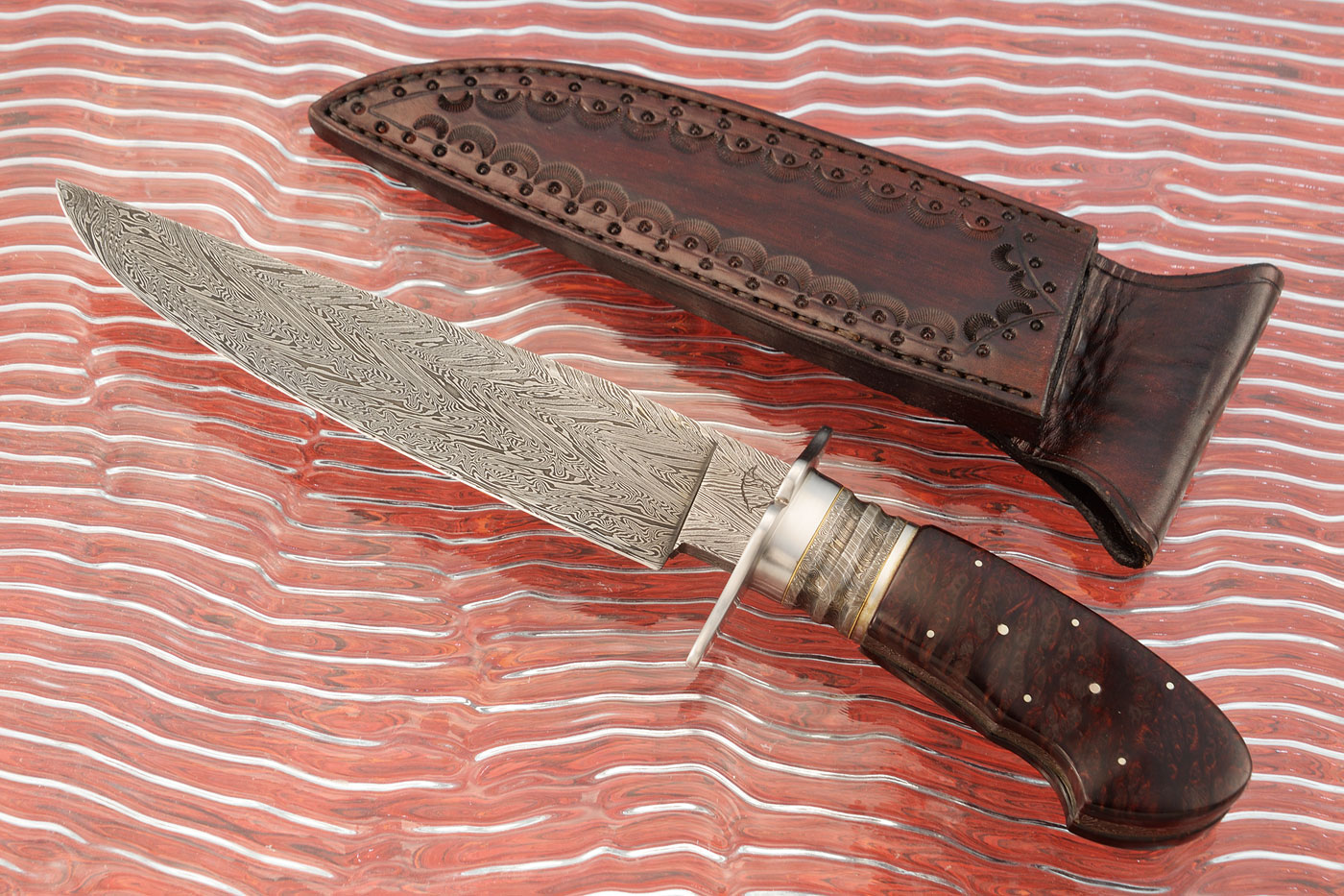 Damascus Bowie with Redwood Lace Burl