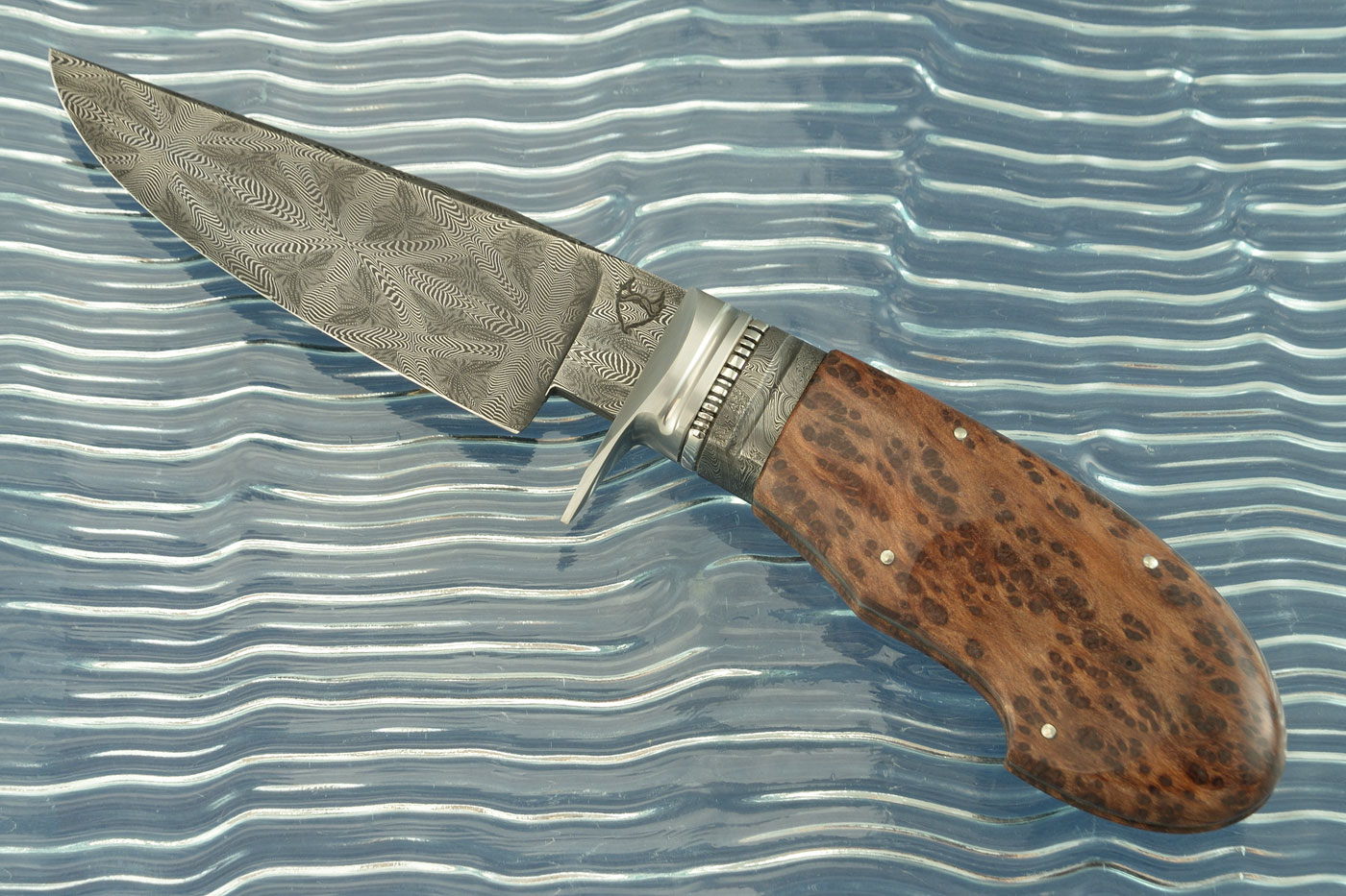 Damascus Clip Point Hunter with Redwood Burl
