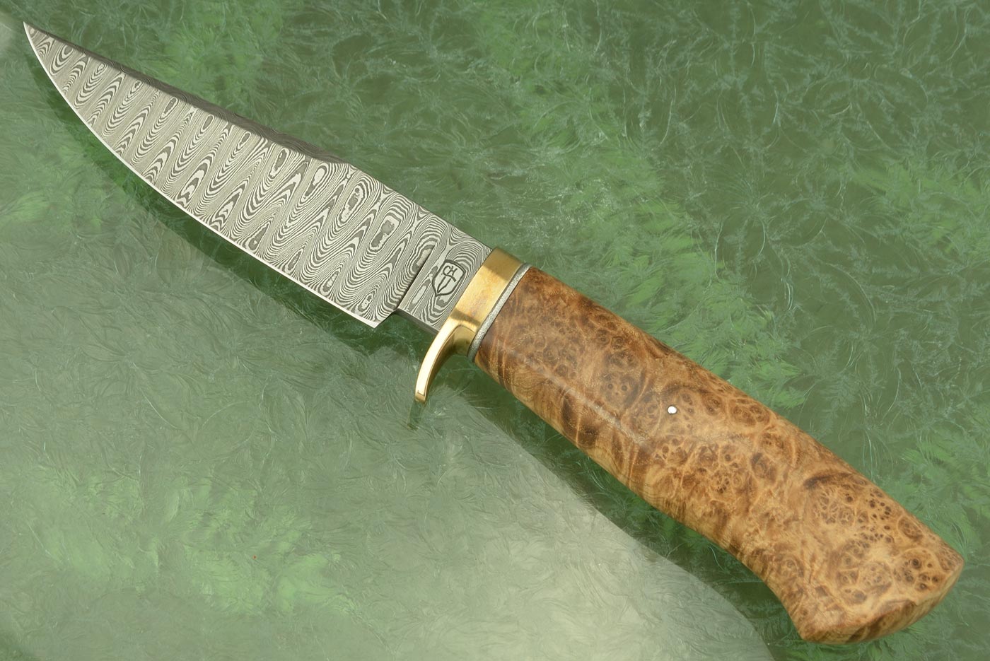 Laddered Damascus Clip Point Hunter with Black Ash Burl