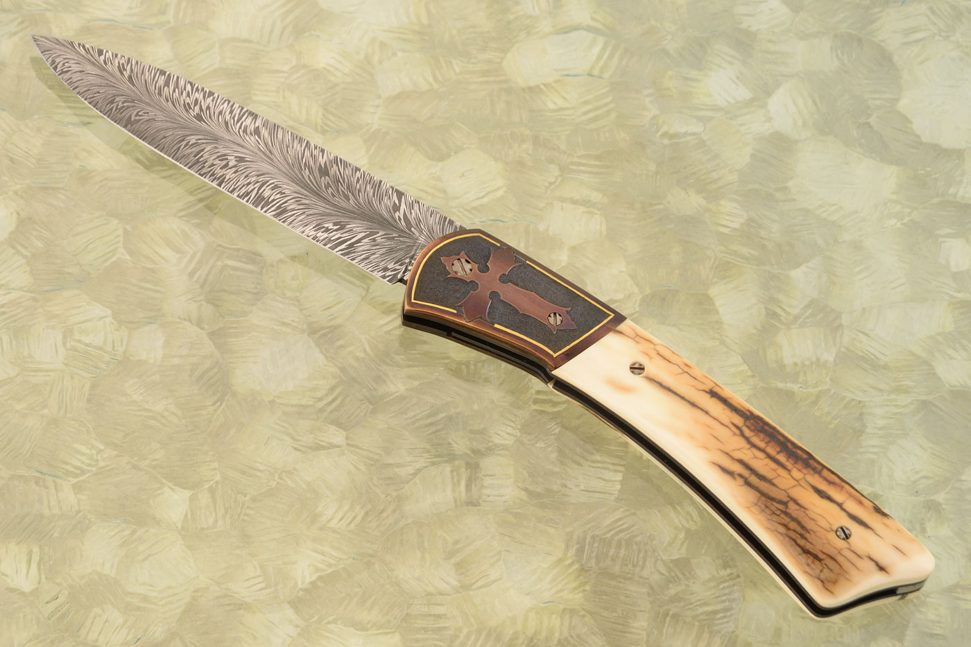 Engraved Front Flipper with Mammoth Ivory and Feather Damascus