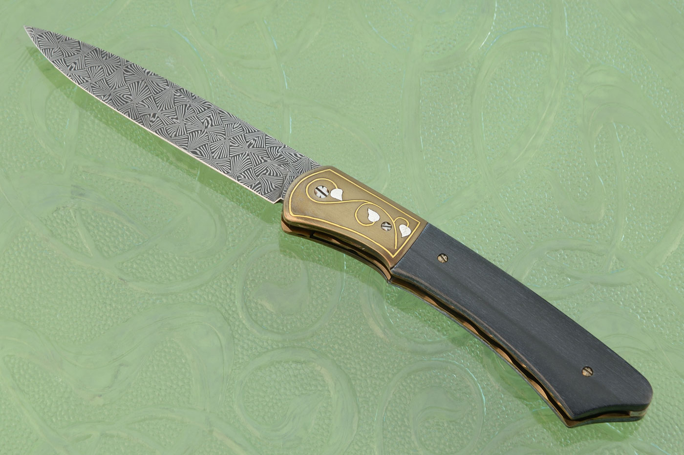 Engraved Front Flipper with Swordfish Bill and Basketweave Damascus