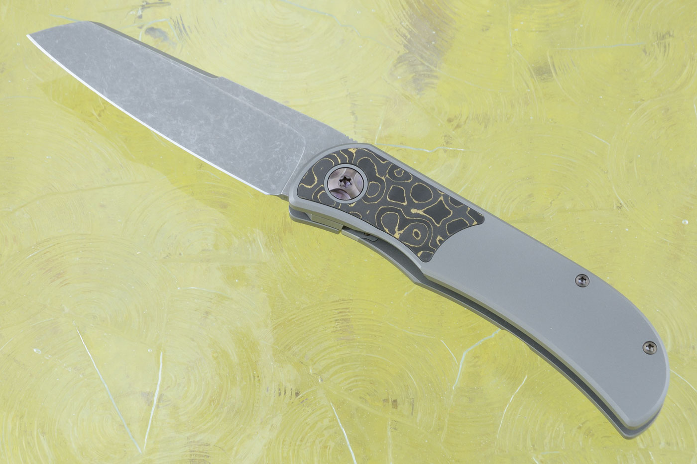 LEXK SFL Framelock Front Flipper with Gold Camo FatCarbon Inlay - Stonewash, Sheepsfoot
