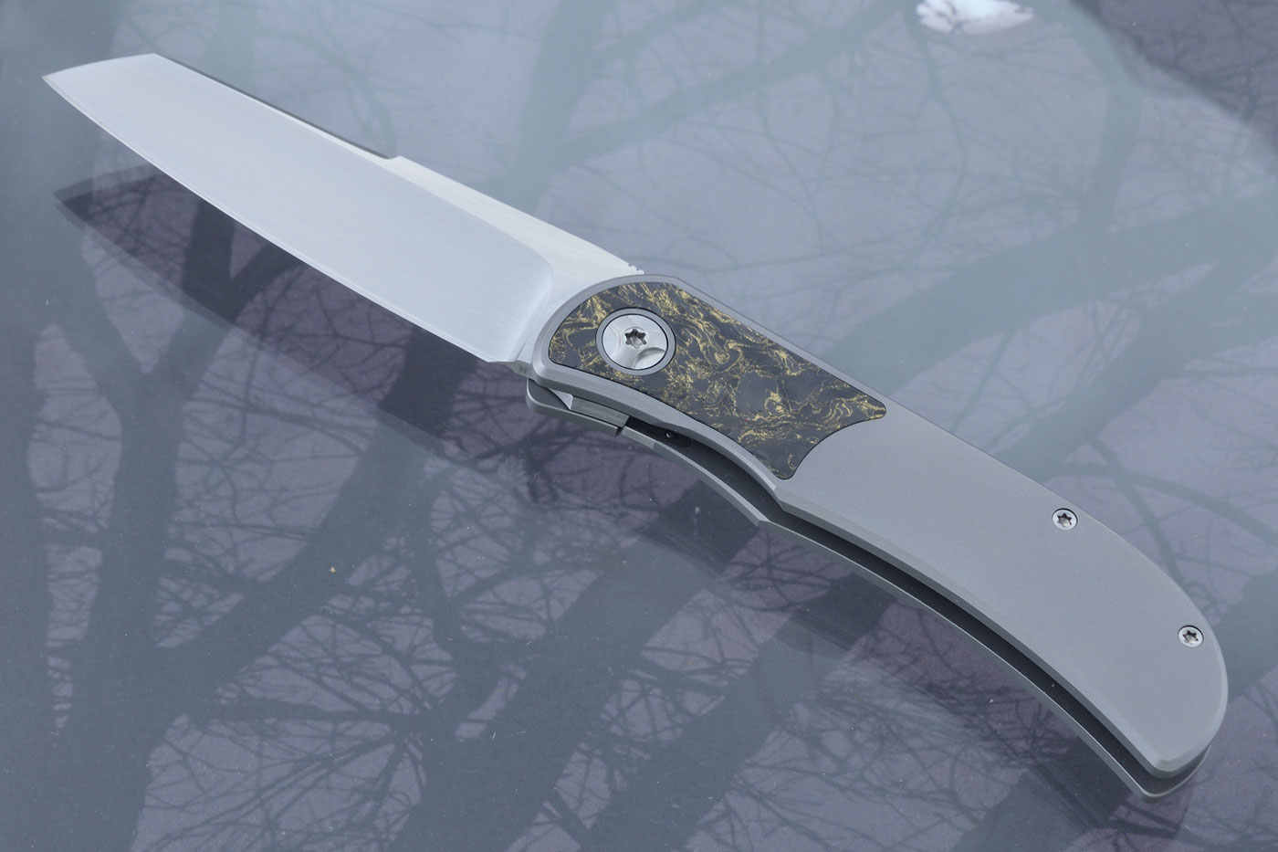 LEXK SFL Framelock Front Flipper with Gold Dark Matter FatCarbon Inlay - Satin Finish, Sheepsfoot