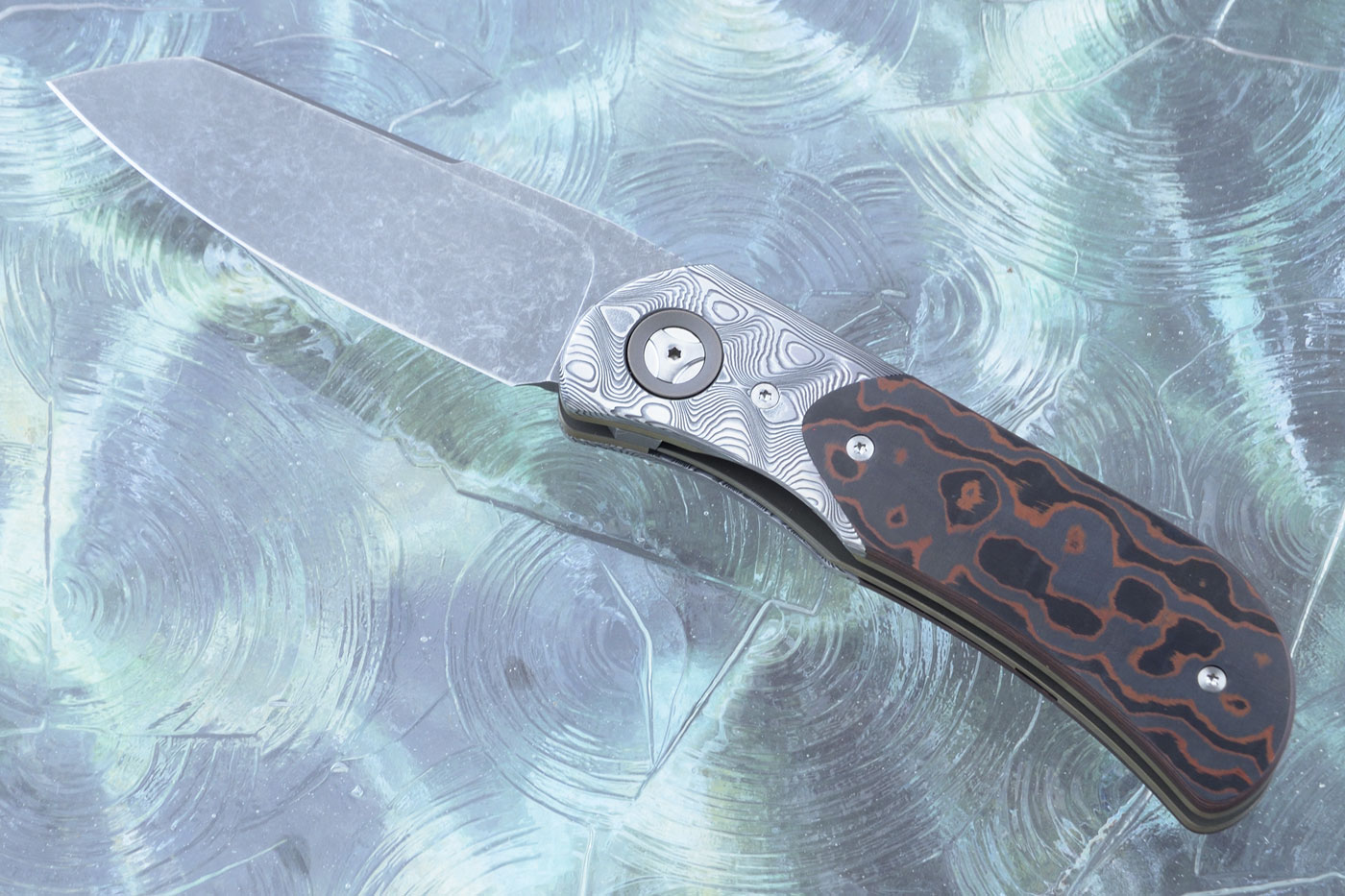 EXK Plus Front Flipper with Camo Copper FatCarbon and Damasteel - M390 (Ceramic Pivot)