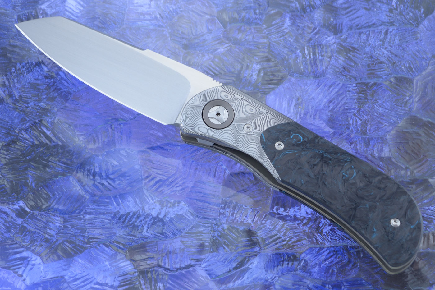 EXK Plus Front Flipper with Blue Dark Matter FatCarbon and Damasteel - M390 (Ceramic Pivot)