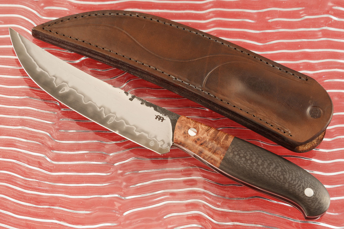 Butcher: San Mai Upswept Skinner with Carbon Fiber and Maple Burl