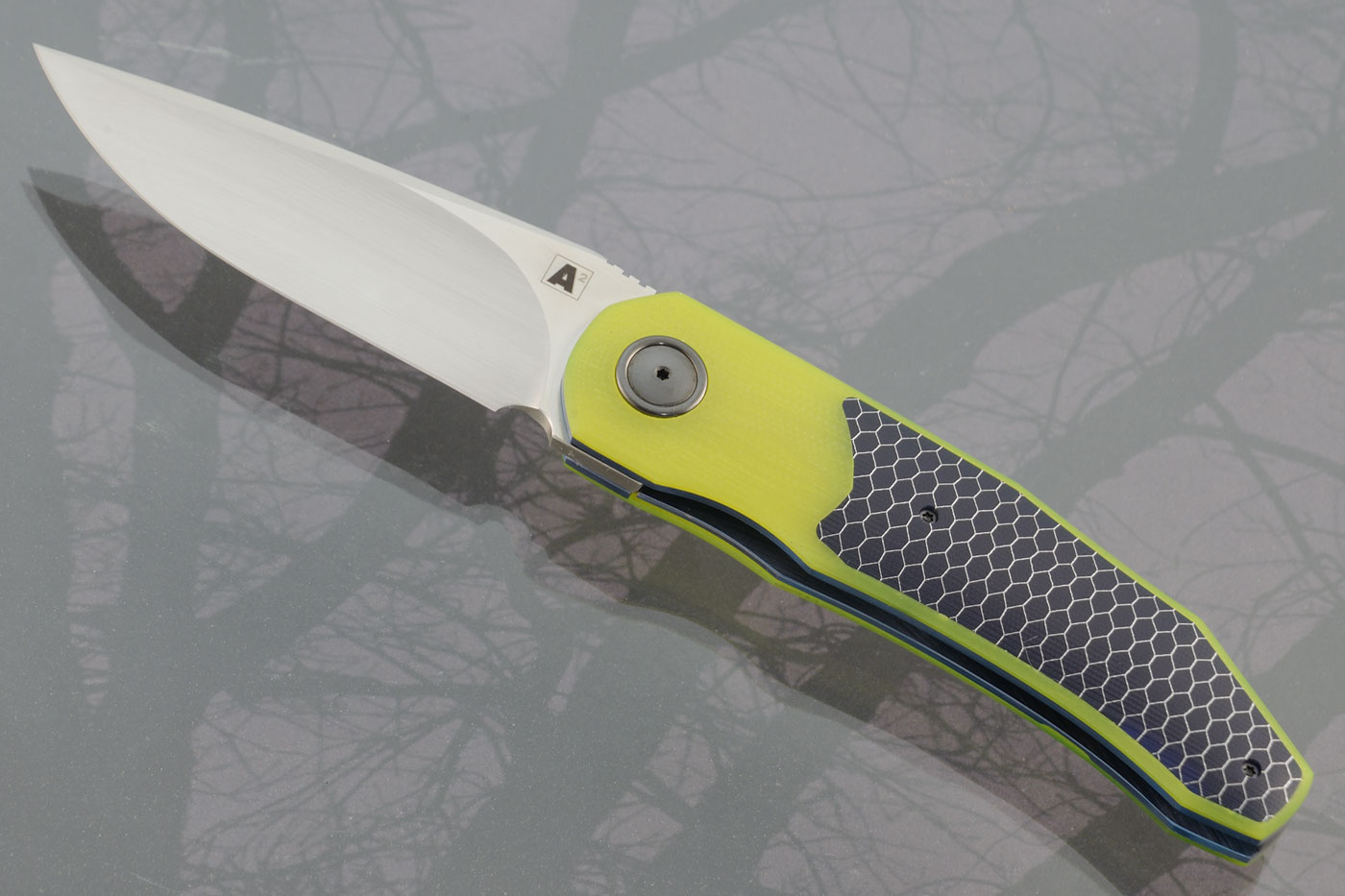 A9 Front Flipper with Neon Green G-10 and Blue C-Tek (Ceramic IKBS) - M390