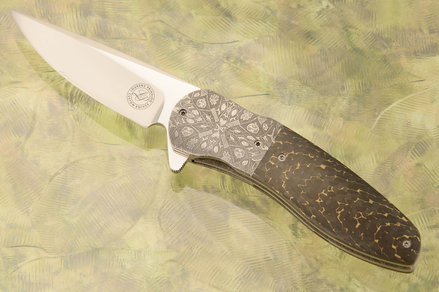 Flipper with Gold Snakeskin FatCarbon and Mosaic Damascus (Ceramic IKBS) - Elmax