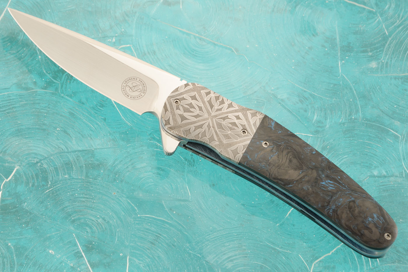Flipper with Blue Dark Matter FatCarbon and Mosaic Damascus (Ceramic IKBS) - Elmax