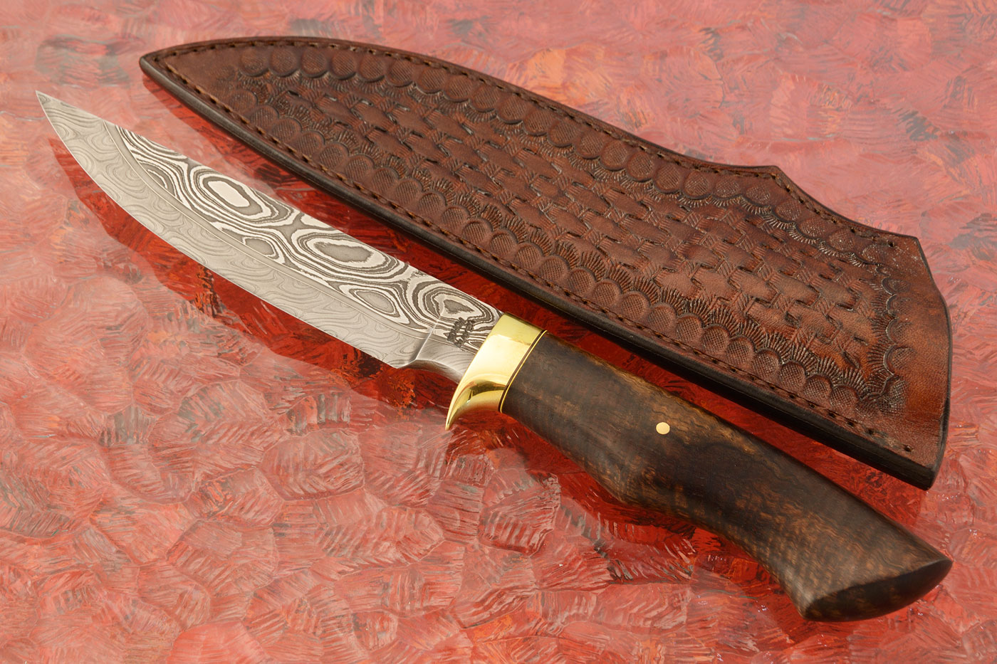 Damascus Hunting Knife with Curly Rooibos