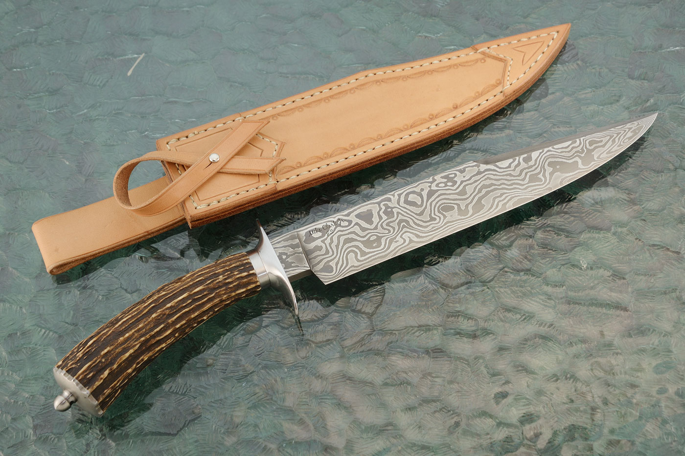 Damascus Bowie with Stag and Wrought Iron