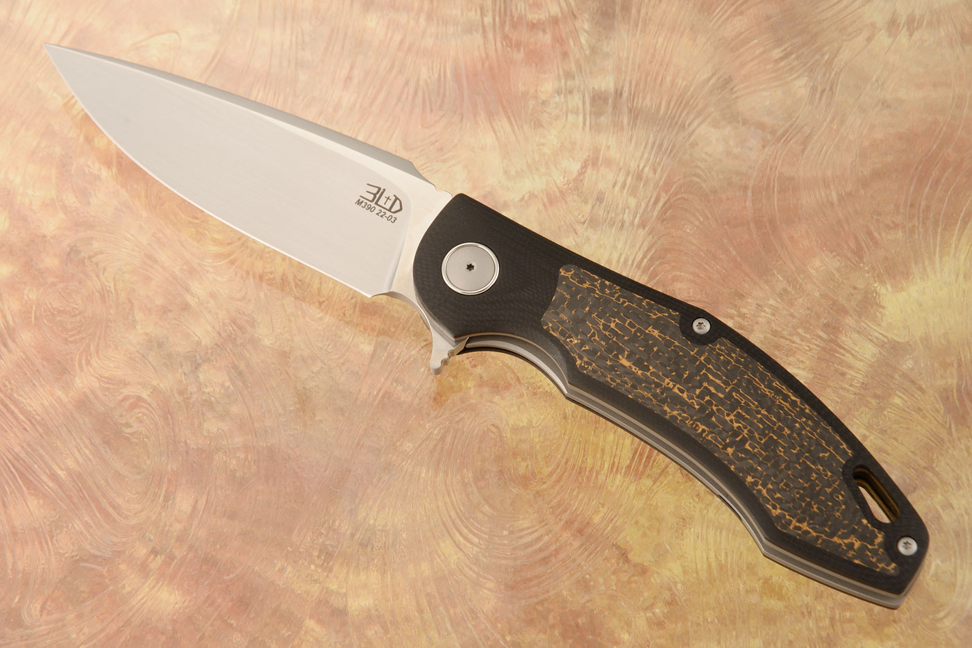 H4 Flipper with Black G10 and Copper Snakeskin FatCarbon Inlays - M390