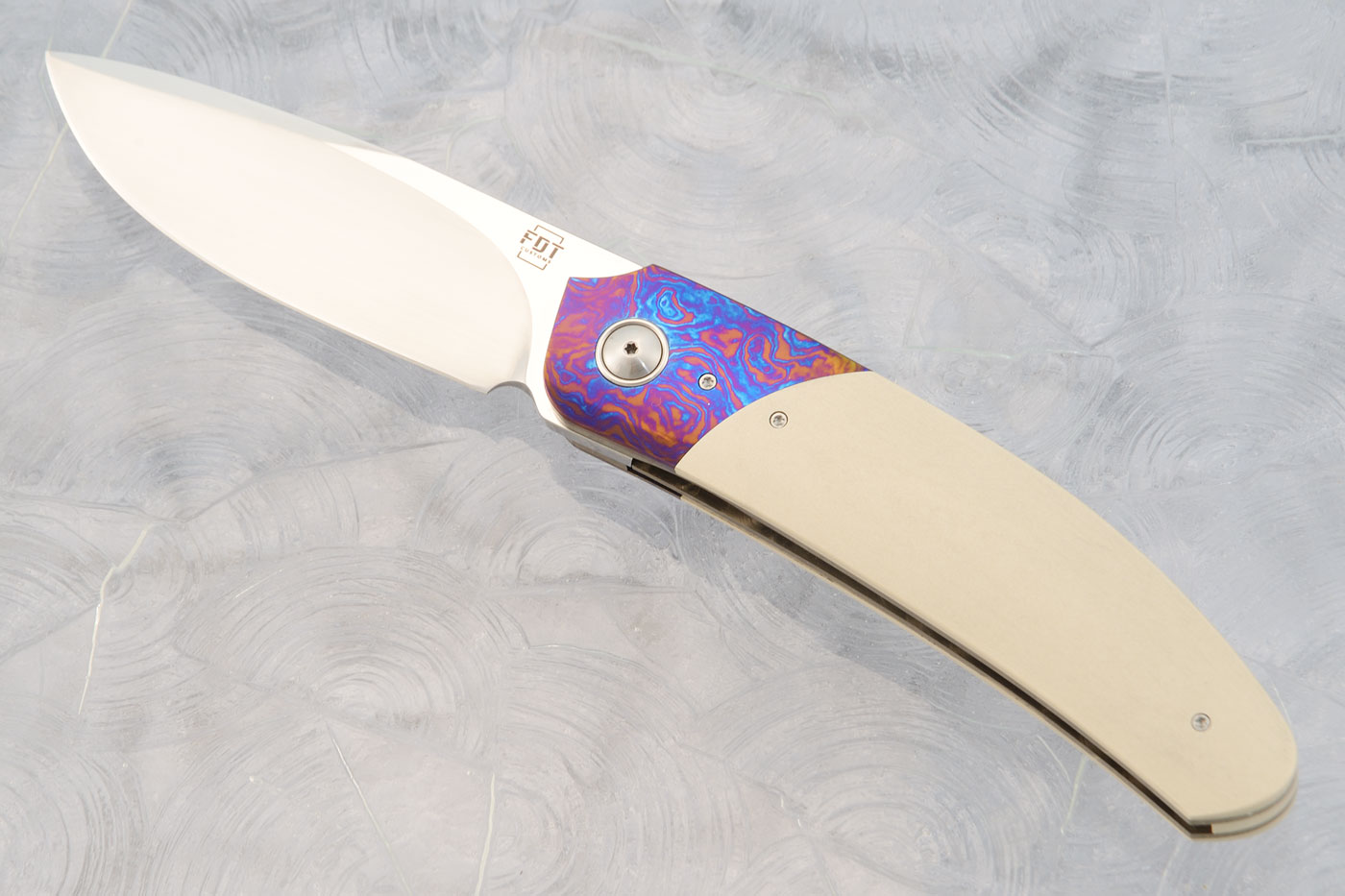 TF-3 Front Flipper with White Paper Micarta and Timascus (Ceramic IKBS)