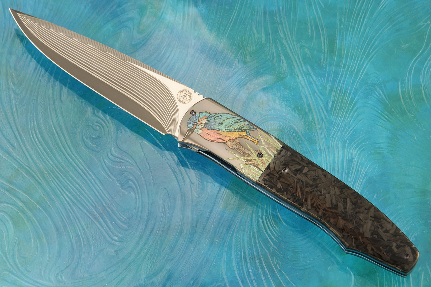Kingfisher: L20 Front Flipper with SG2 San Mai Damascus and Shred Carbon Fiber (Ceramic IKBS)