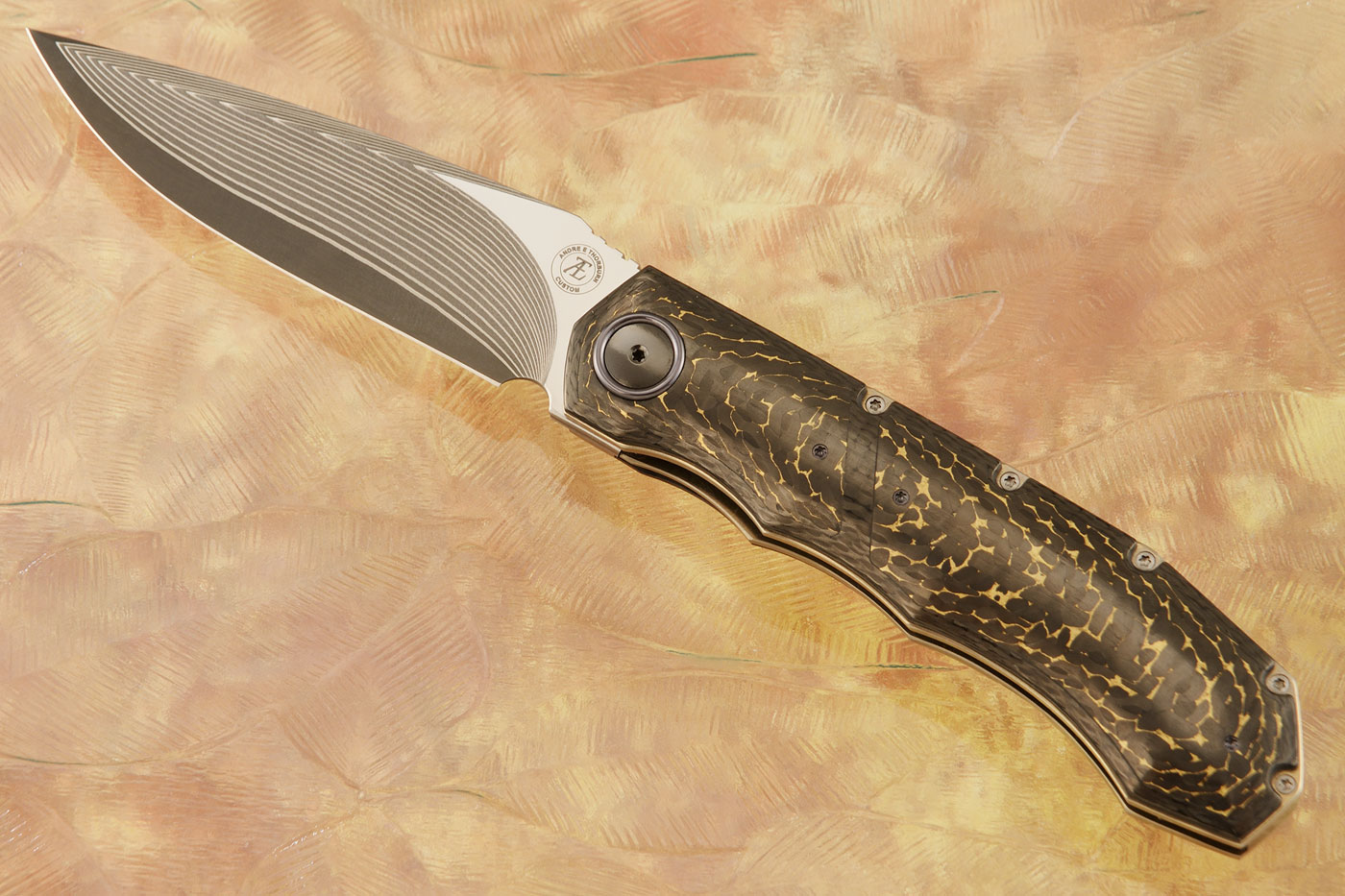 L51 Compact Front Flipper with Carbon Fiber and Gold Snakeskin FatCarbon (Ceramic IKBS) - SG2 Damascus San Mai