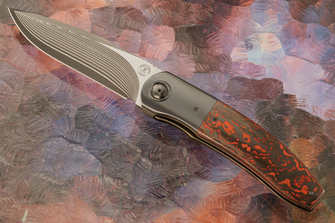 L54 Front Flipper with SG2 San Mai Damascus, Lava Flow FatCarbon, and Zirconium (Ceramic IKBS)