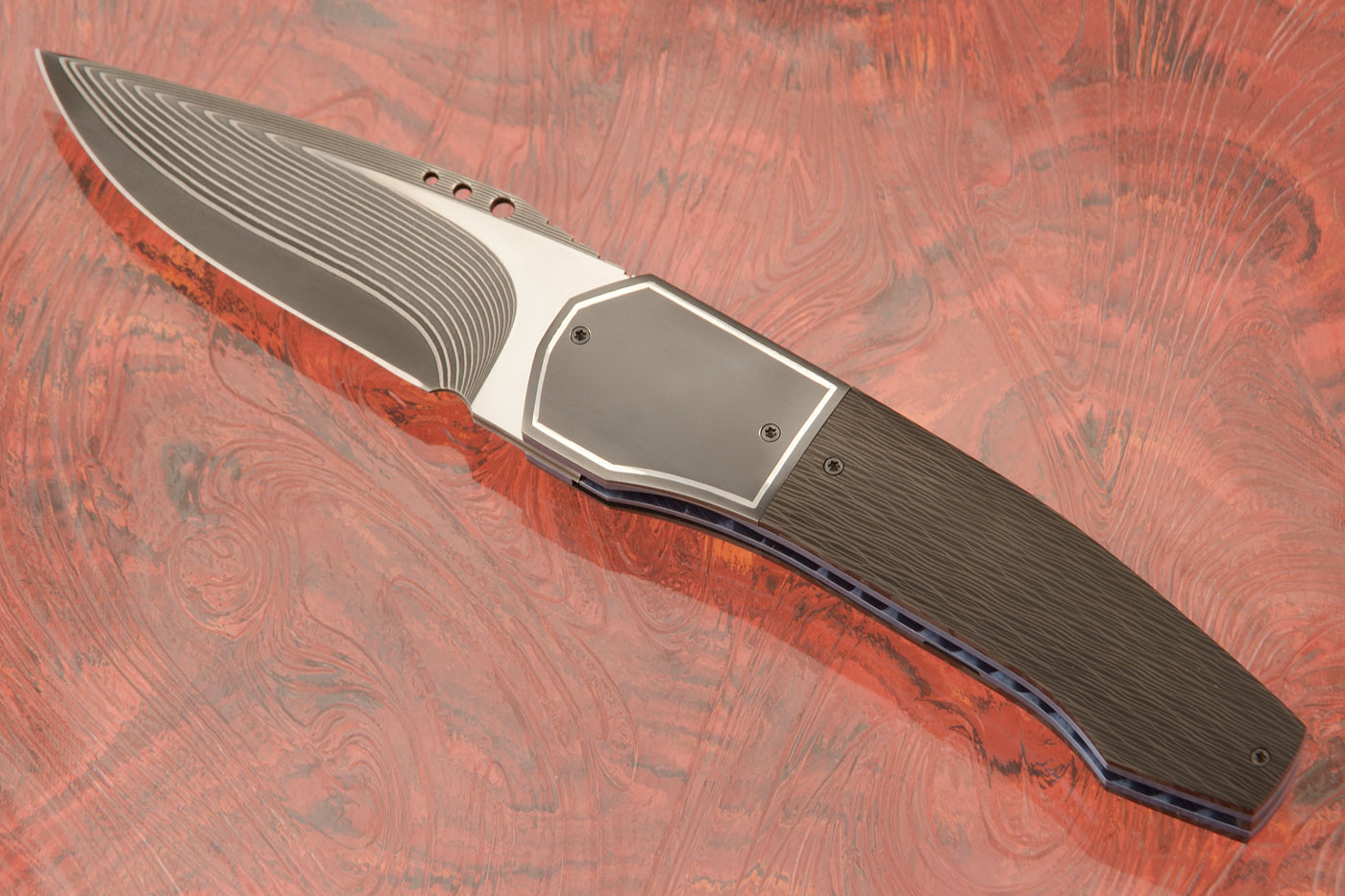 Coffin Midi Front Flipper with SG2 San Mai Damascus, Silver Inlaid Zirconium, and Blackwood Carbon Fiber (IKBS)