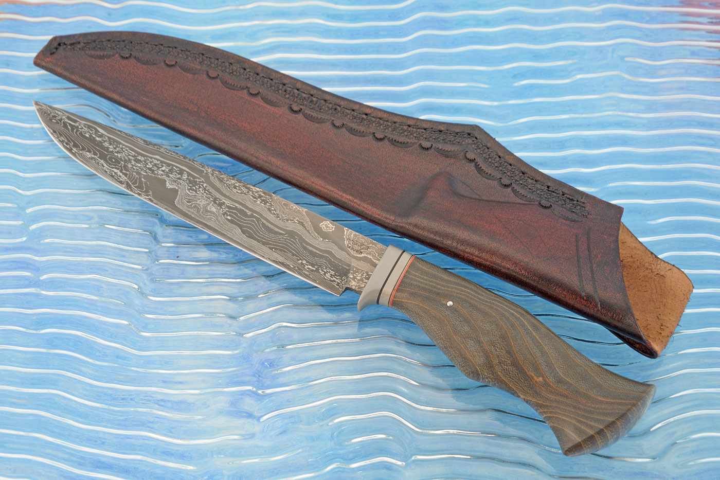 Damascus Utility Knife with Ash