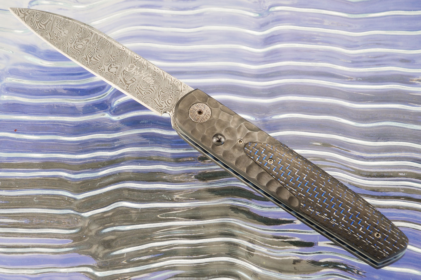 Shinkansen Bullet Front Flipper with Blue/Silver Carbon Fiber, Zirconium, and Damascus