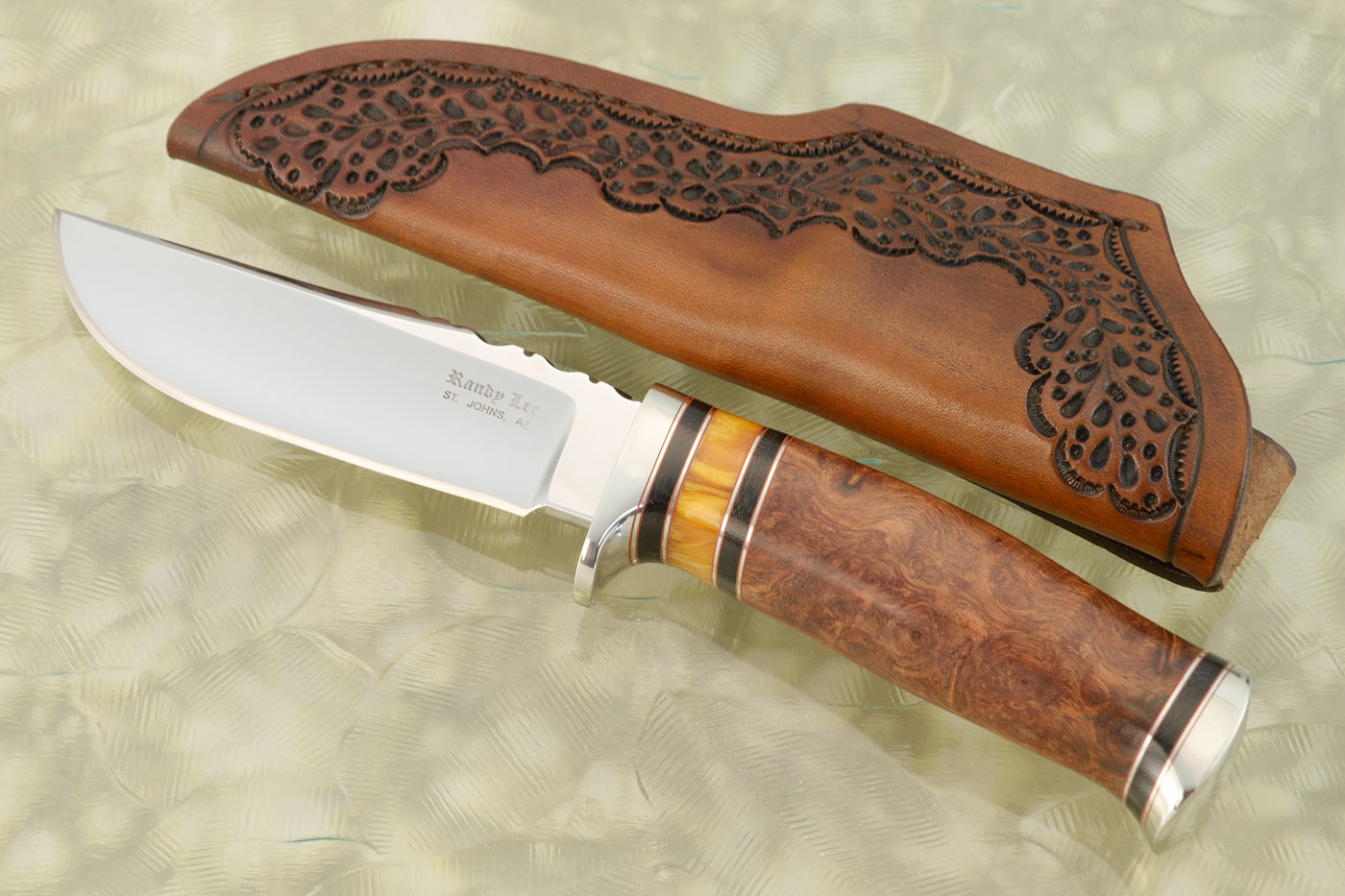 Clip Point Hunter with Ironwood Burl and Amber