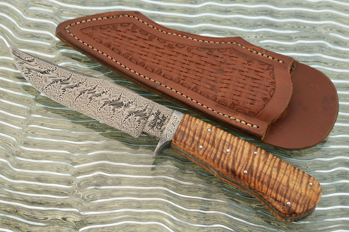 Frame Handle Damascus Clip Point Hunter with Curly Koa