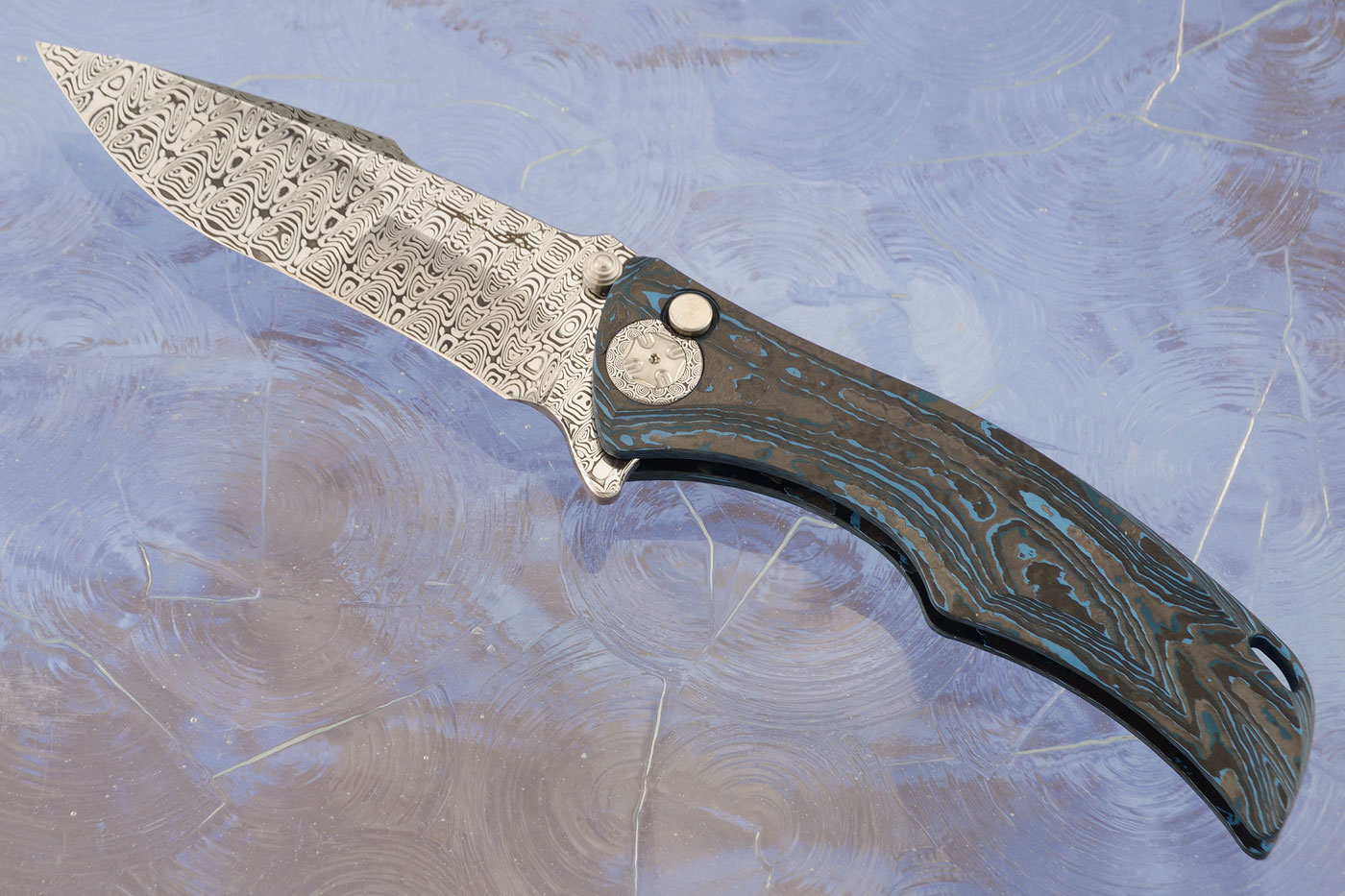 Tighe Down Button Lock Flipper with Integral Arctic Storm FatCarbon and Damasteel