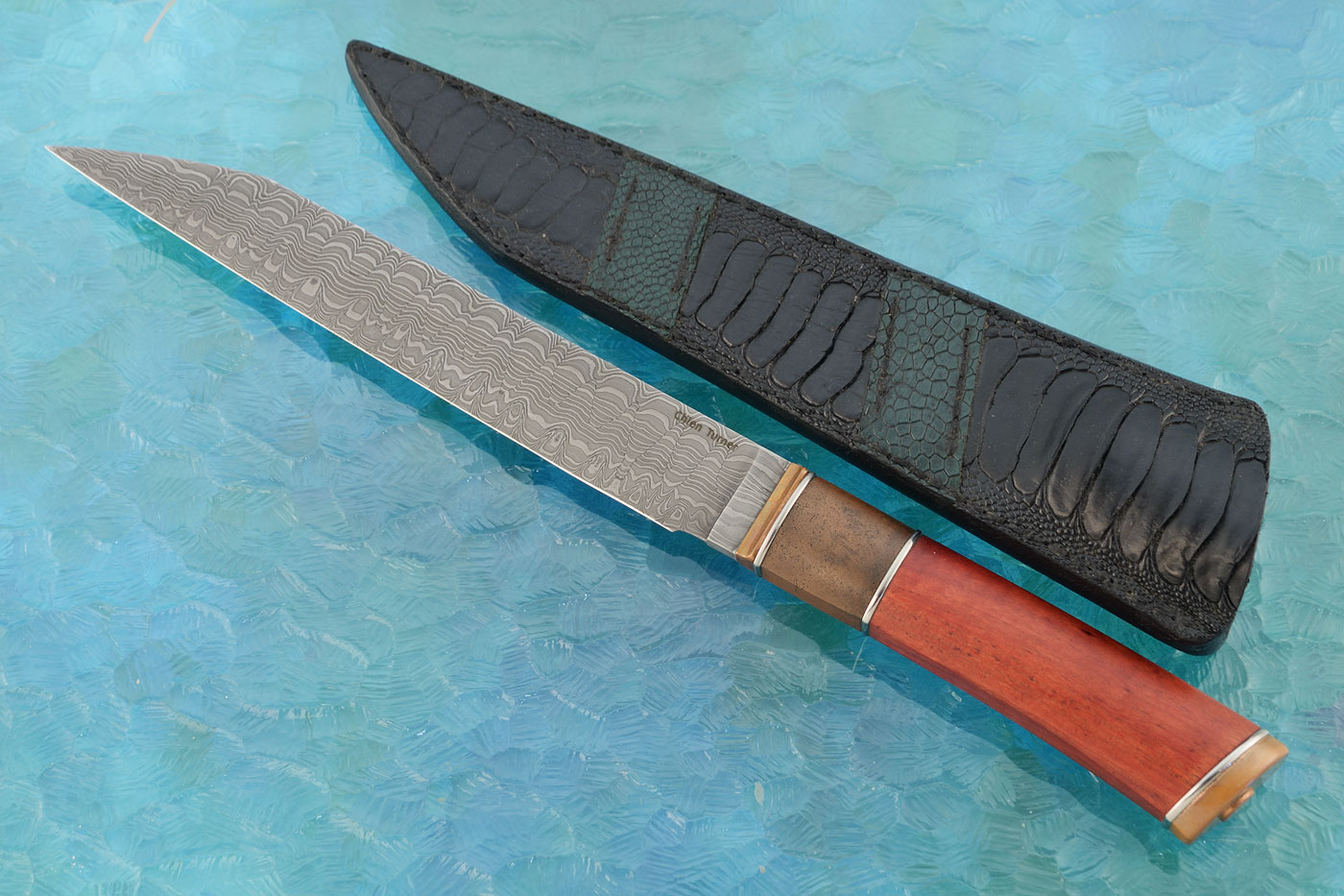 Damascus Seax with Red Ivory Wood and Antiqued Bronze<br><i>Best Novice Forged</i> - Durban Easter Knife Show, 2022