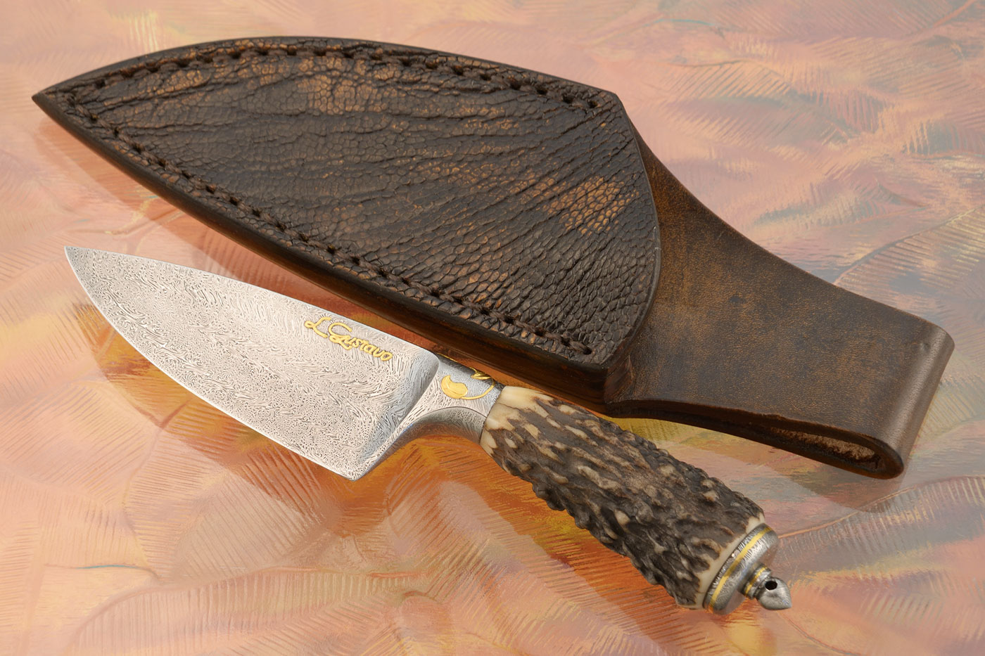 Integral Damascus Caping Knife with Stag