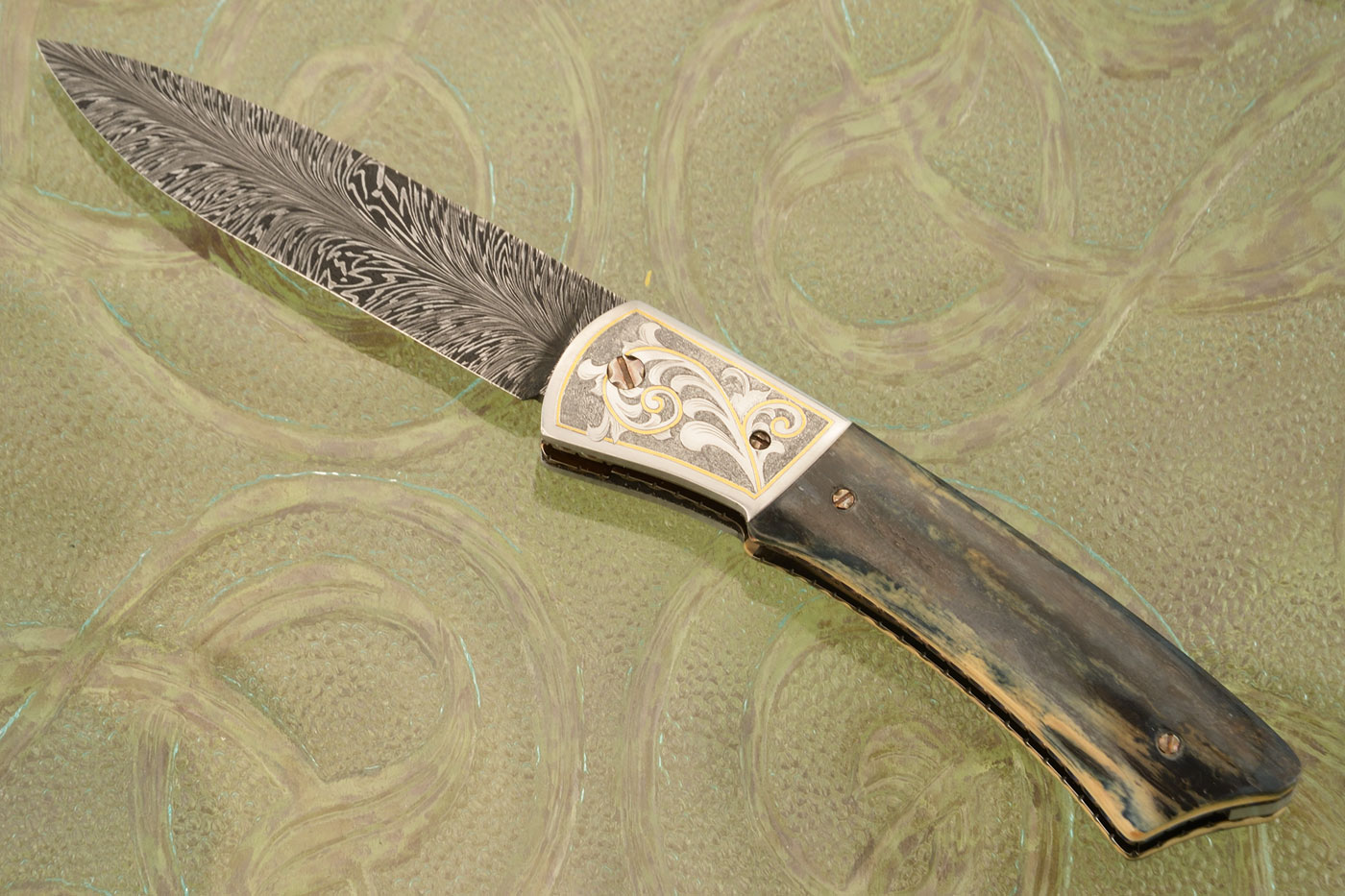Engraved Front Flipper with Mammoth Ivory and Feather Damascus