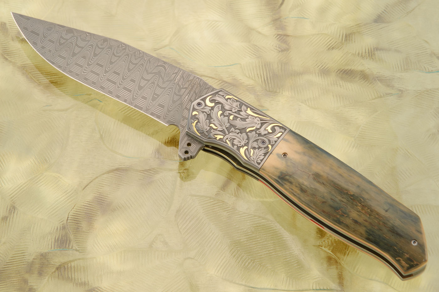 L36M Flipper with Damascus, Mammoth Ivory, and Engraved Zirconium with Gold Inlay (Ceramic IKBS)
