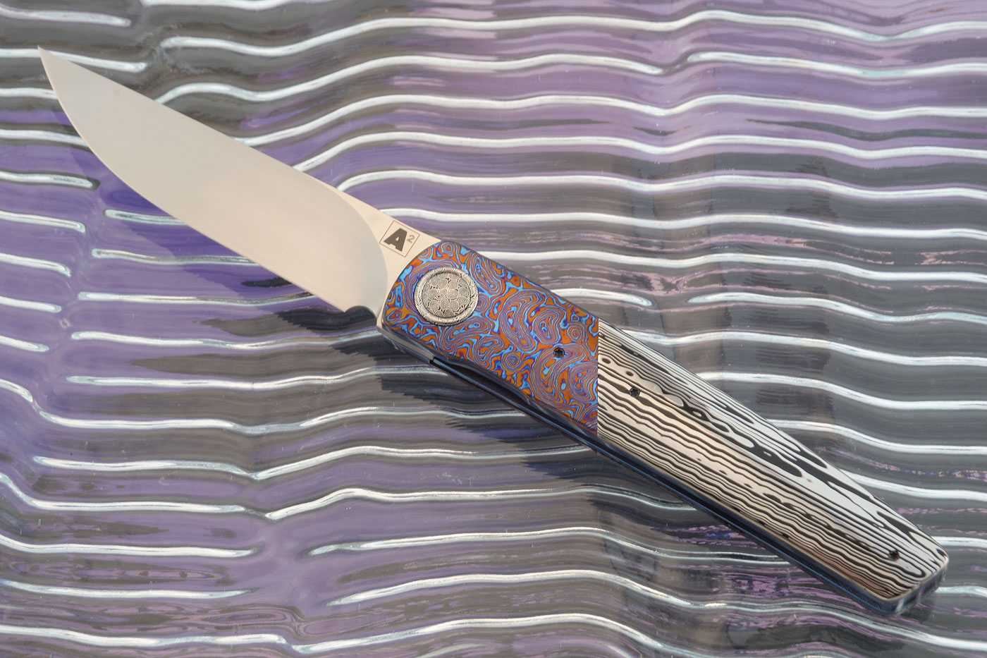 A10 Dress Front Flipper with Damasteel and Timascus (Ceramic IKBS) - M390<br><i>Best Gentleman's Folding Knife</i>, KGSA 2022