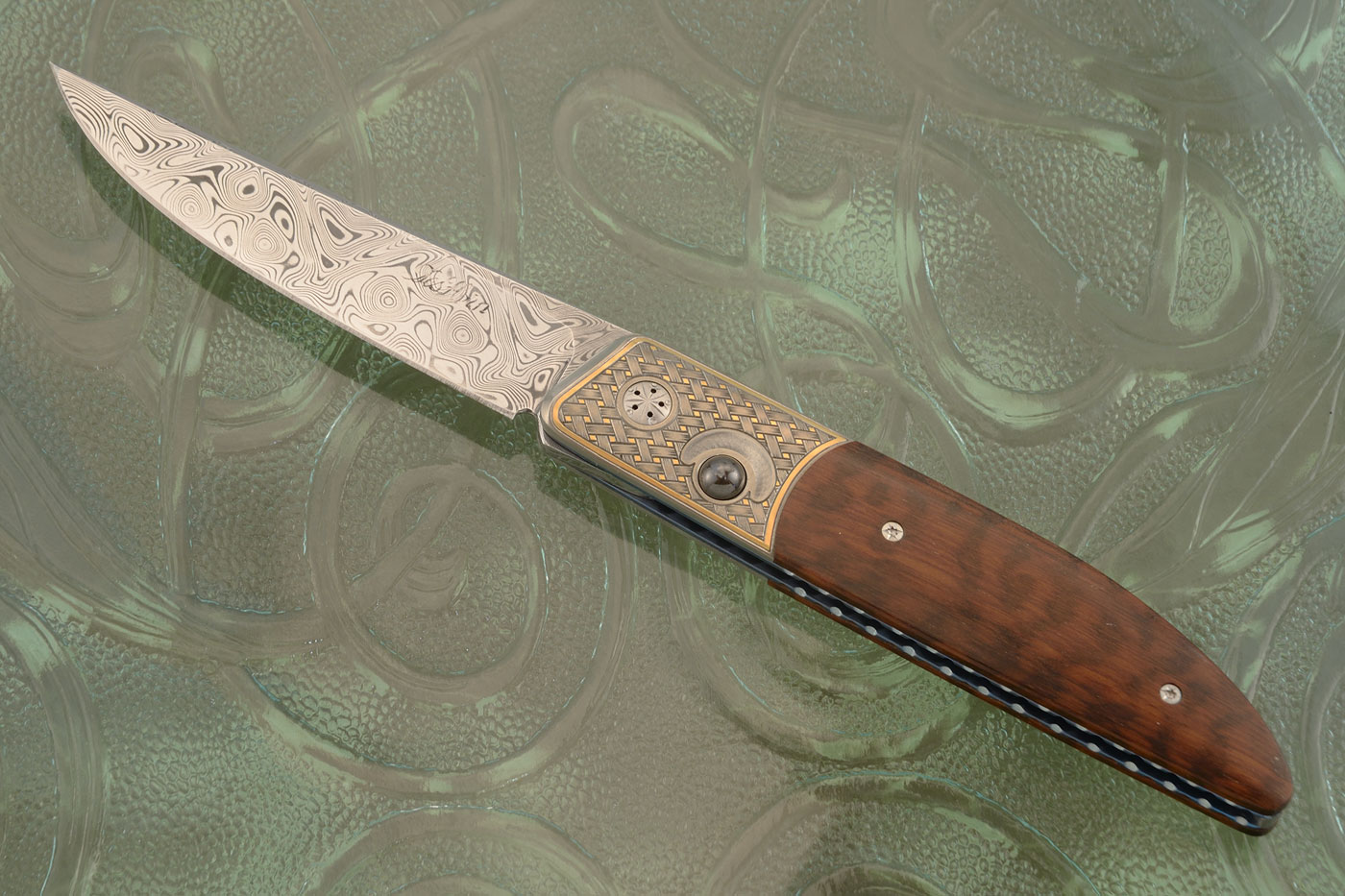 Large Ball Release Front Flipper with Snakewood, Damascus, and Engraved Zirconium