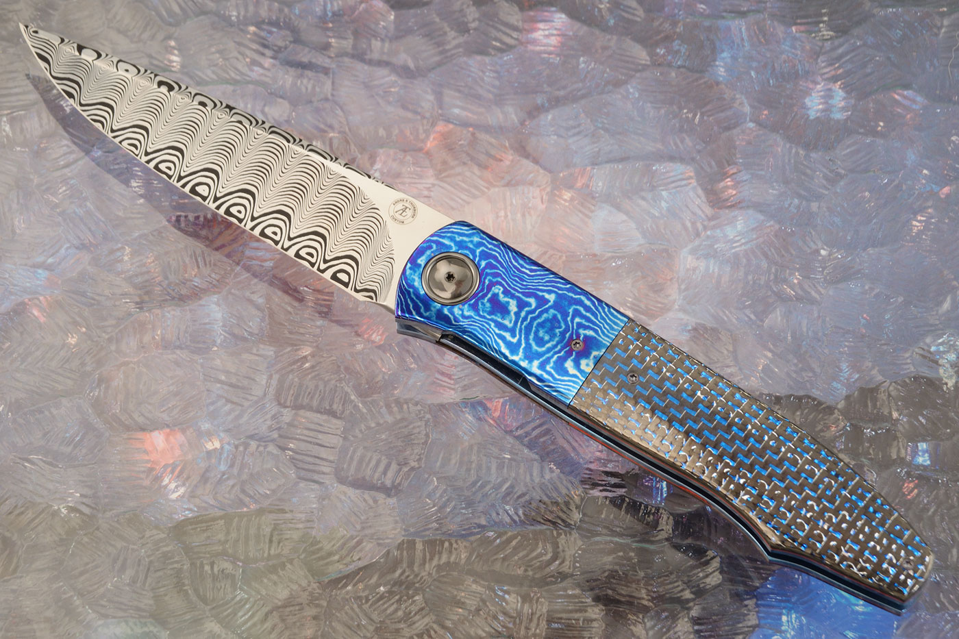 L20 Flipper with Damasteel, Blue/Silver Carbon Fiber, and Timascus (Ceramic IKBS)