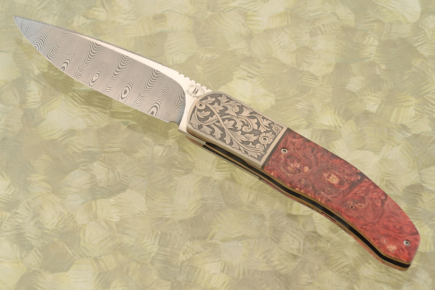 HI-04 Front Flipper with Damascus, Maple Burl, and Engraved Titanium