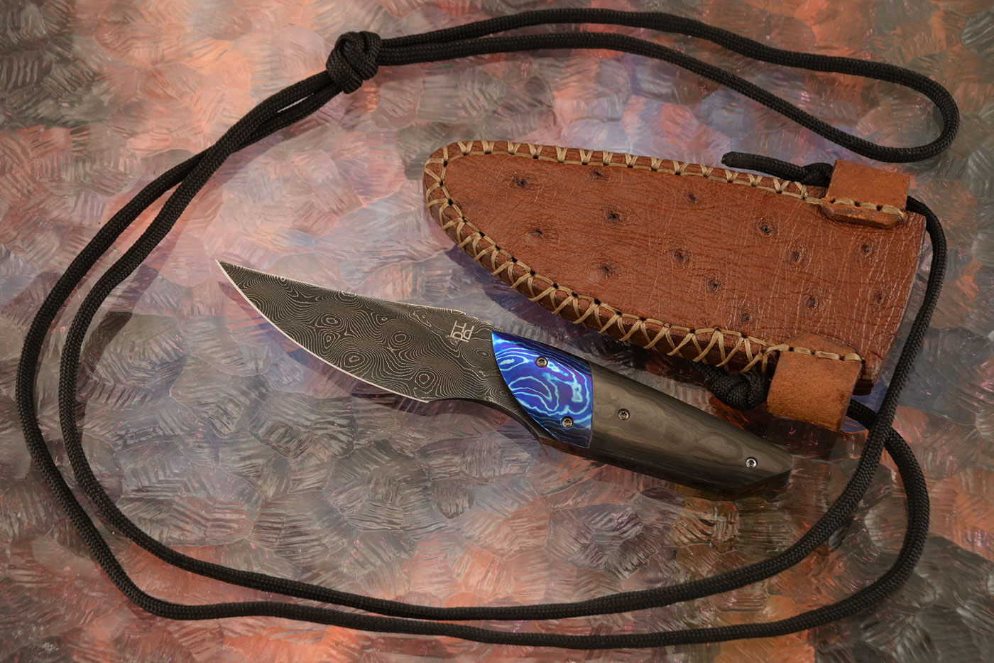 Damascus Neck Knife with FatCarbon and Timascus