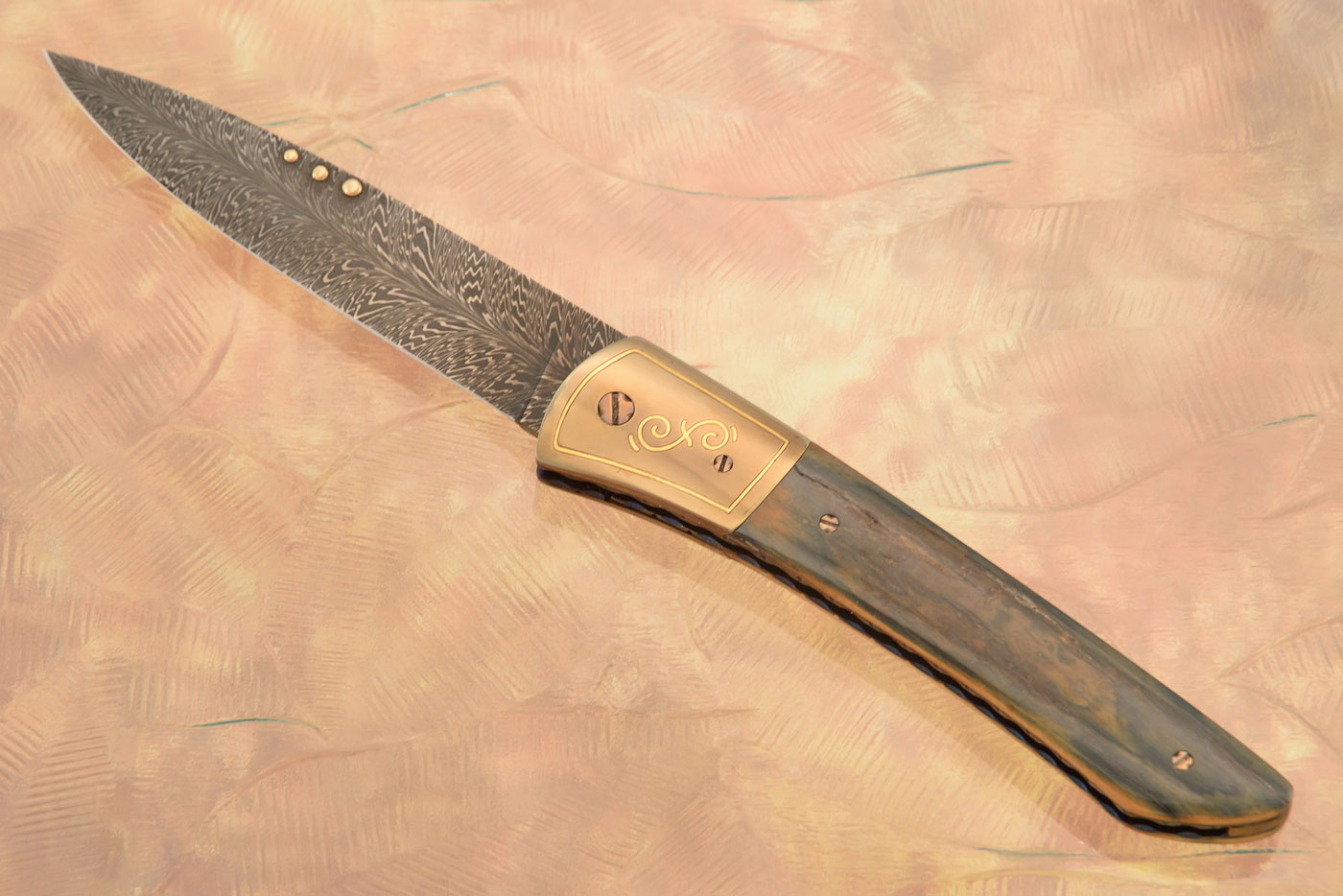 Feather Damascus Folder with Mammoth Ivory
