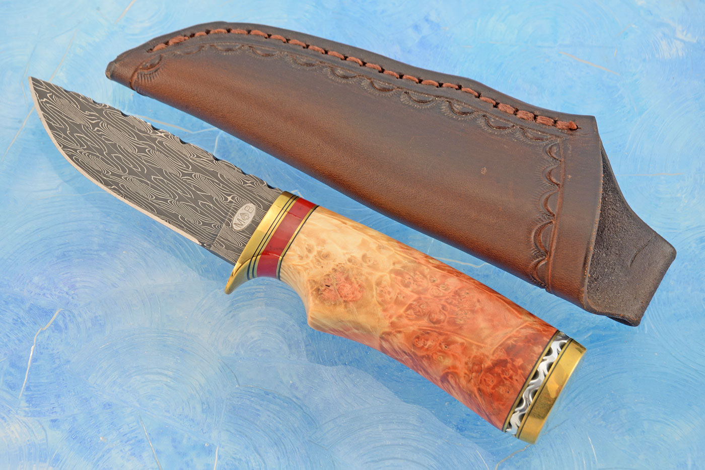 Mosaic Damascus Hunter with Box Elder Burl and Red Jasper